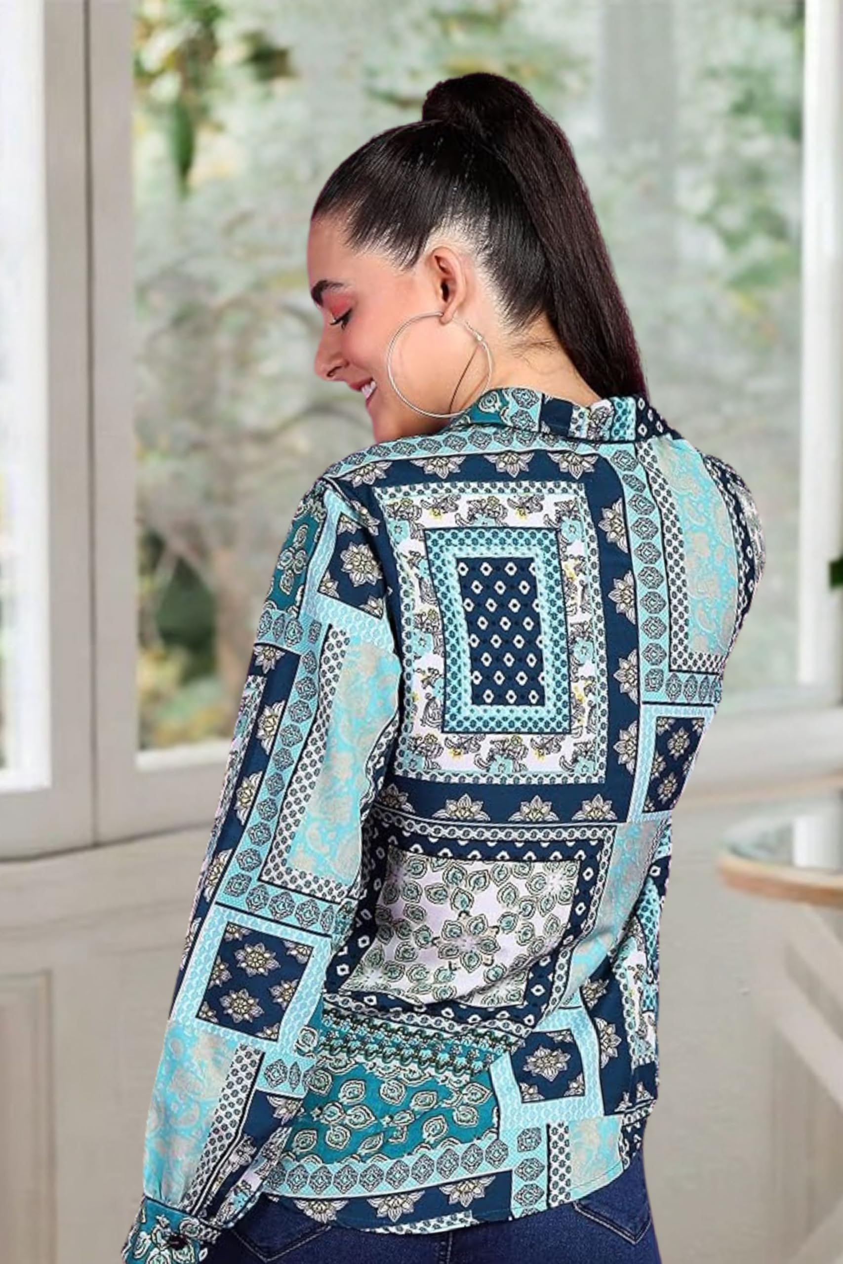 POPWINGS Women's Casual Sky Blue Floral Print Button Down Shirt - Long Sleeve Collared Blouse for Work, Office & Everyday Wear | Trendy Regular Fit Tops for Spring Summer Outfits