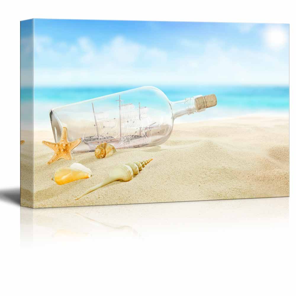 Premium Canvas Wall Art - Ship in Glass Bottle with Starfish & Seashells on Beach | Modern Home Decor, Stretched Gallery Wrap Giclee Print, Ready to Hang (32x48 inches) - Perfect for Living Room, Bedroom & Office Decor