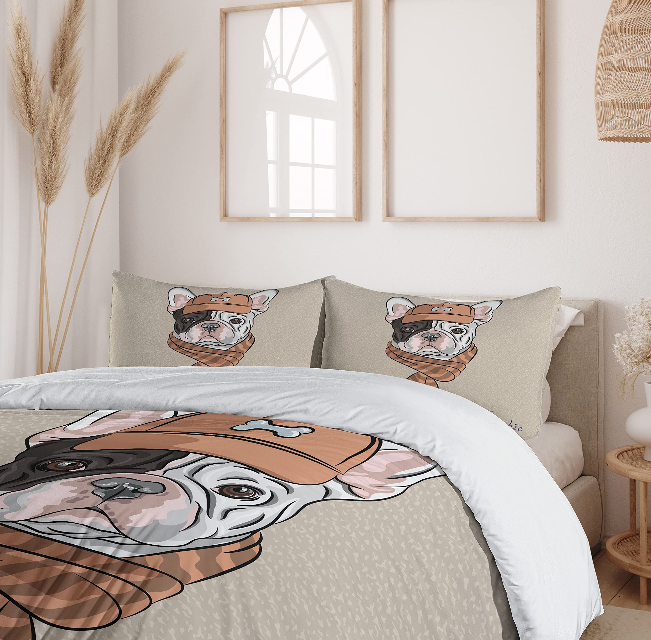 Ambesonne Dog Duvet Cover Set - Cartoon Bulldog with Cap & Scarf French Fashion Print, 3-Piece Queen Size Bedding Set with 2 Pillow Shams in Tan & Brown | Perfect Gift for Dog Lovers, Cozy Bedroom Decor for Winter