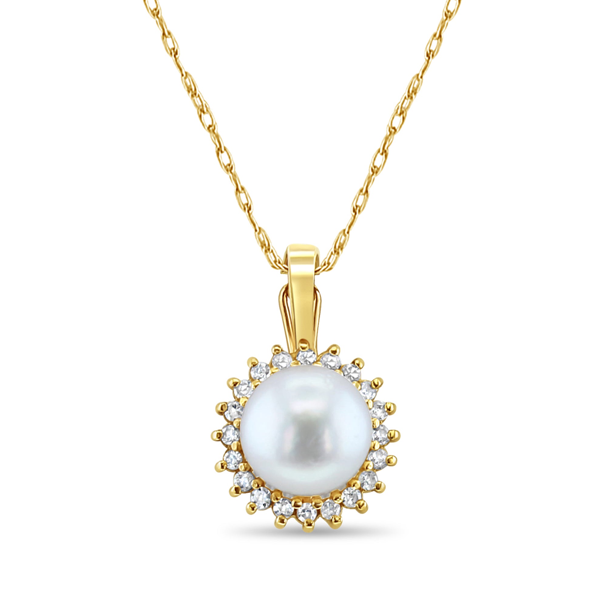 8MM Freshwater Pearl Diamond Halo Necklace in 14k Yellow Gold - Elegant Jewelry for Weddings, Anniversaries & Special Occasions
