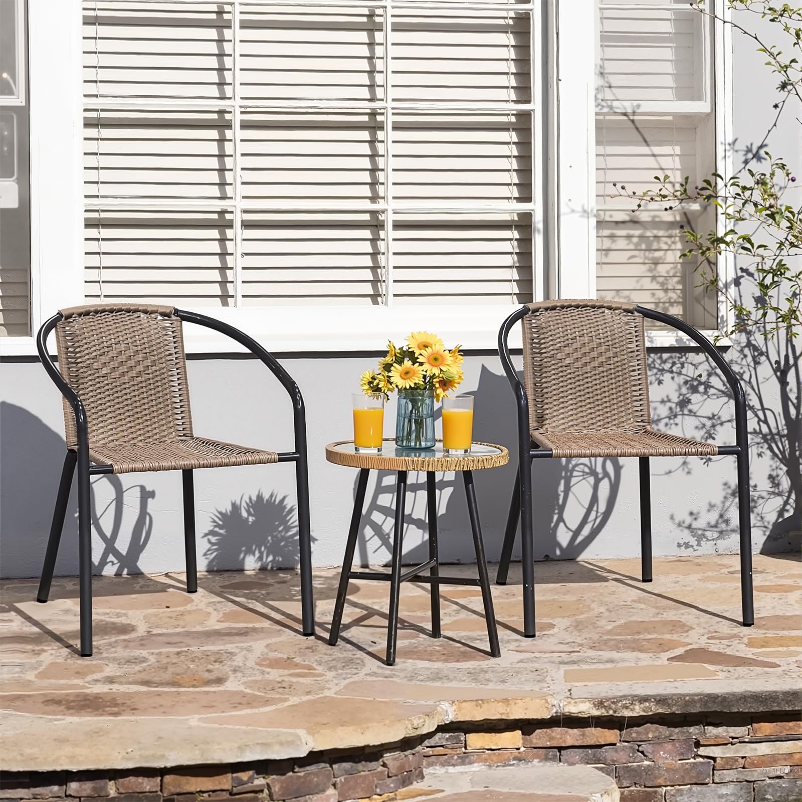 4 Pack Stackable Wicker Rattan Patio Chairs - Outdoor Dining Chairs Set with Metal Frame for Balcony, Deck, Bistro, Backyard & Porch | Perfect for Garden Parties, Poolside Lounging & Outdoor Entertaining (Brown)
