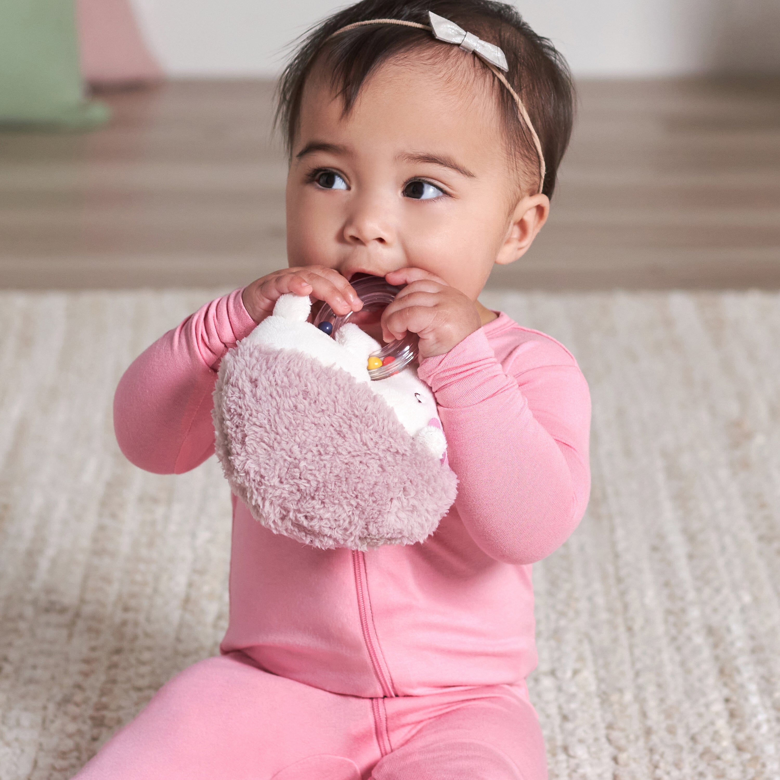 2 Piece Baby Girls Bunny & Hedgehog Rattle and Teether Set - Soft Chew Toys for Teething Infants - Perfect for Playtime, Sensory Development & Soothing Sore Gums