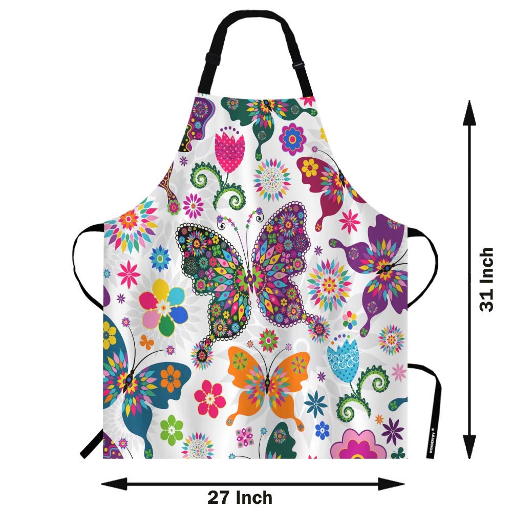 WONDERTIFY Adjustable Butterfly Apron for Men & Women - White Floral Pattern with Colorful Butterflies, Kitchen Cooking Bib Apron for Chef, Waitress, BBQ, Baking & Home Use