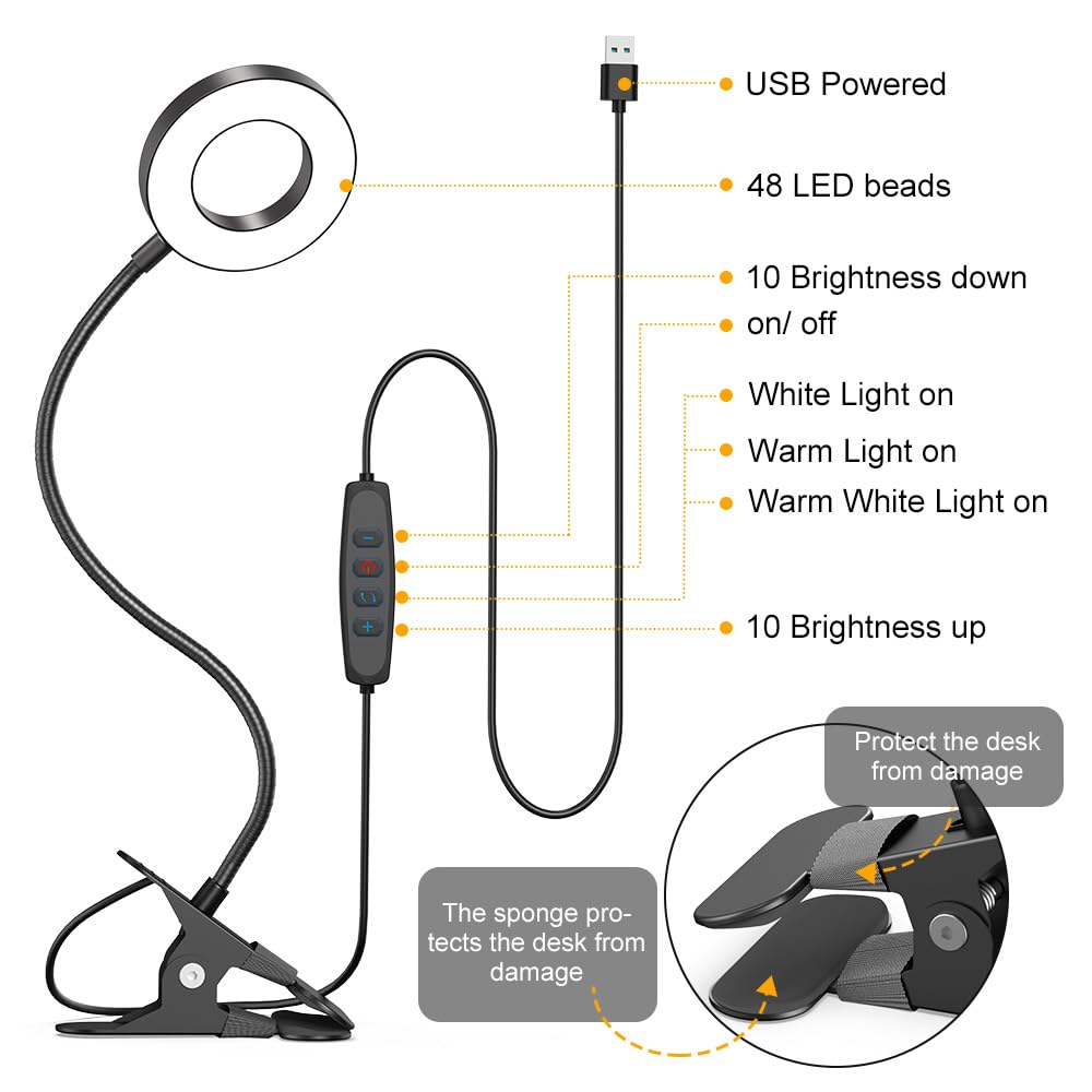 KEXIN Clip on Table Lamp - 3 Color Modes, 10 Brightness Levels, Dimmable Eye-Caring Reading Light with 360° Rotatable Metal Gooseneck - Portable Small Desk Lamp for Home, Office, Study, and Nightstand Use
