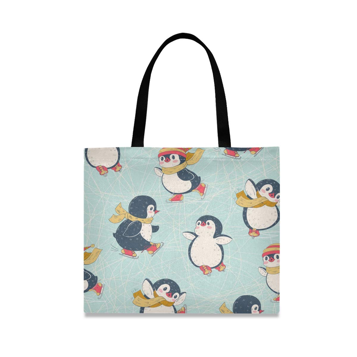 Cute Penguins Skating Canvas Tote Bag for Women - Large Reusable Grocery Shopping Bag - Durable Work & Beach Tote - Eco-Friendly Carryall for Daily Use, Groceries & Outings