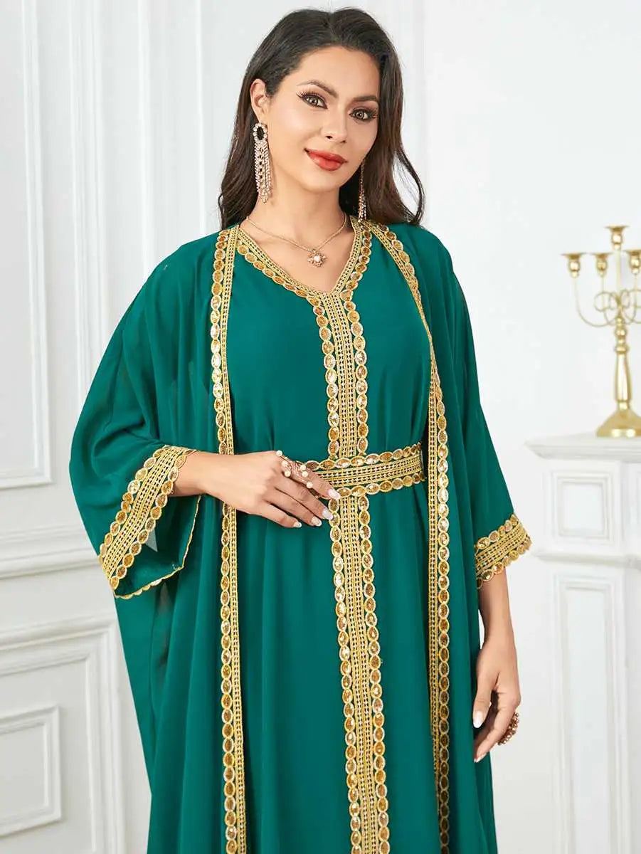 Elegant Eid Chiffon 2-Piece Caftan Dress Set with Sleeveless Inner Dress - Perfect for Muslim Women's Holiday Celebrations, Special Occasions & Summer Outfits
