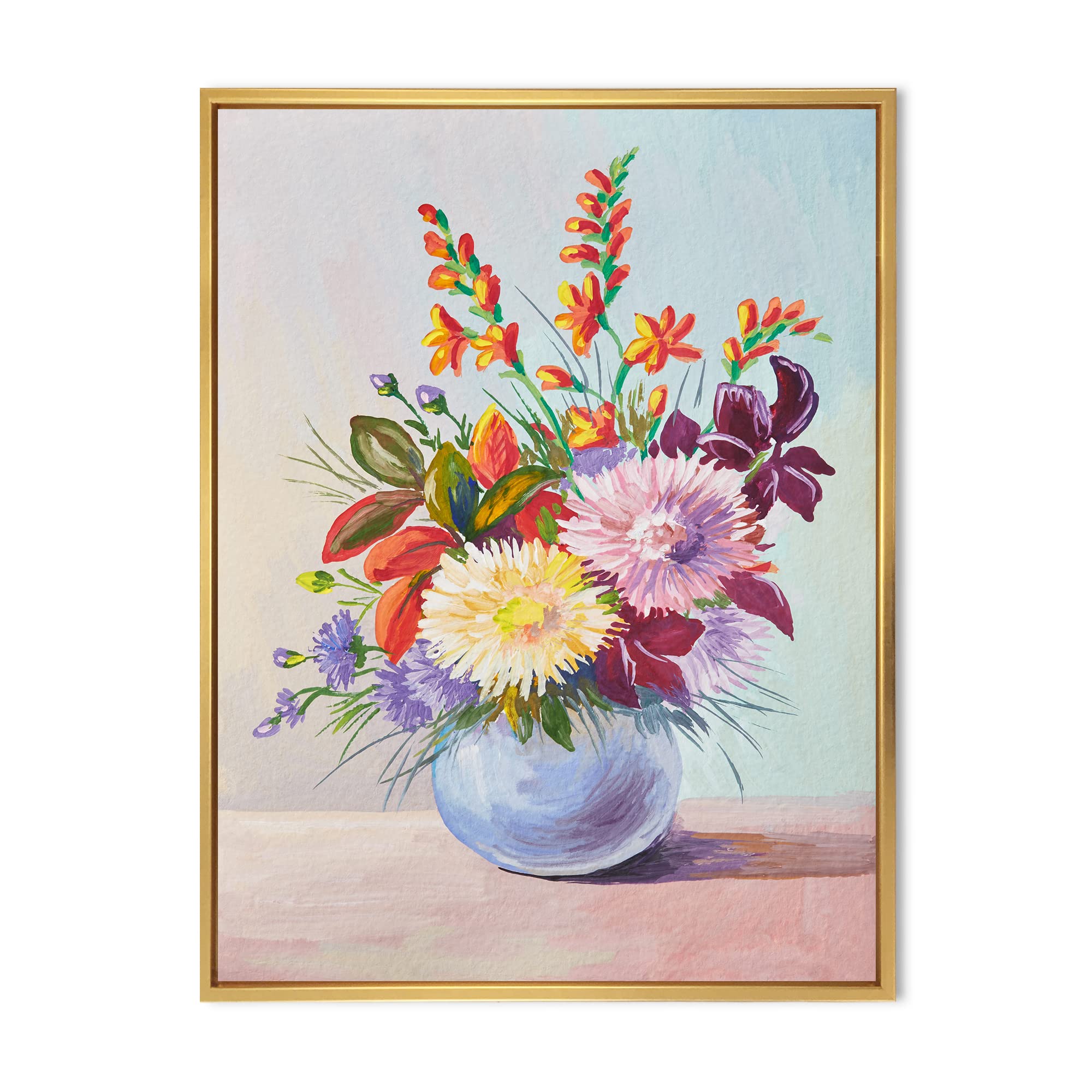 DesignQ Still Life With Asters in White Vase - Traditional Framed Canvas Wall Art Print for Living Room, Bedroom & Office Decor