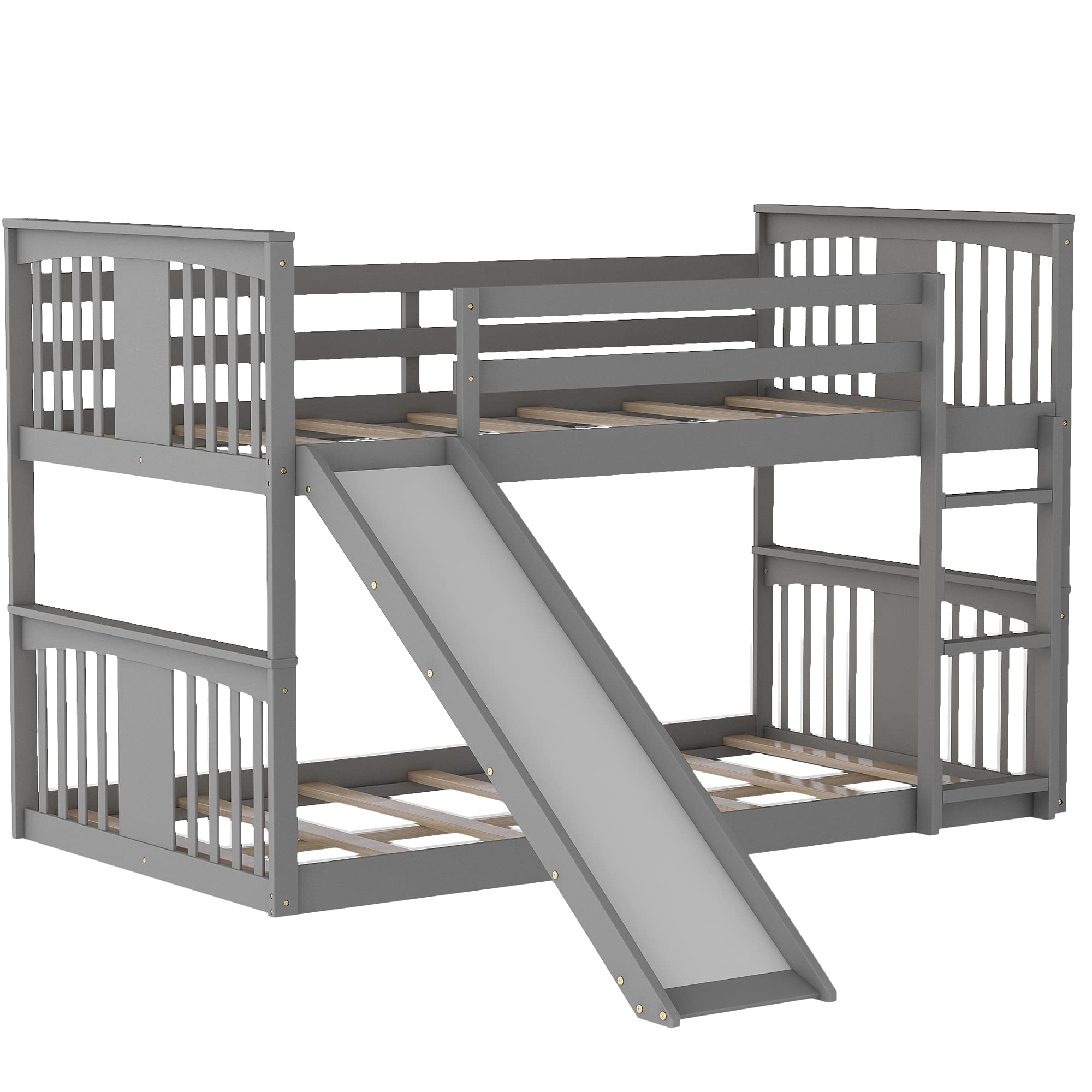 Twin Over Twin Bunk Bed with Slide - Sturdy Wooden Loft Bed for Kids, Space-Saving Bunk Bed Frame with Safety Ladder & Guardrails, No Box Spring Required (Gray) - Perfect for Small Bedrooms, Kids' Rooms & Sleepovers
