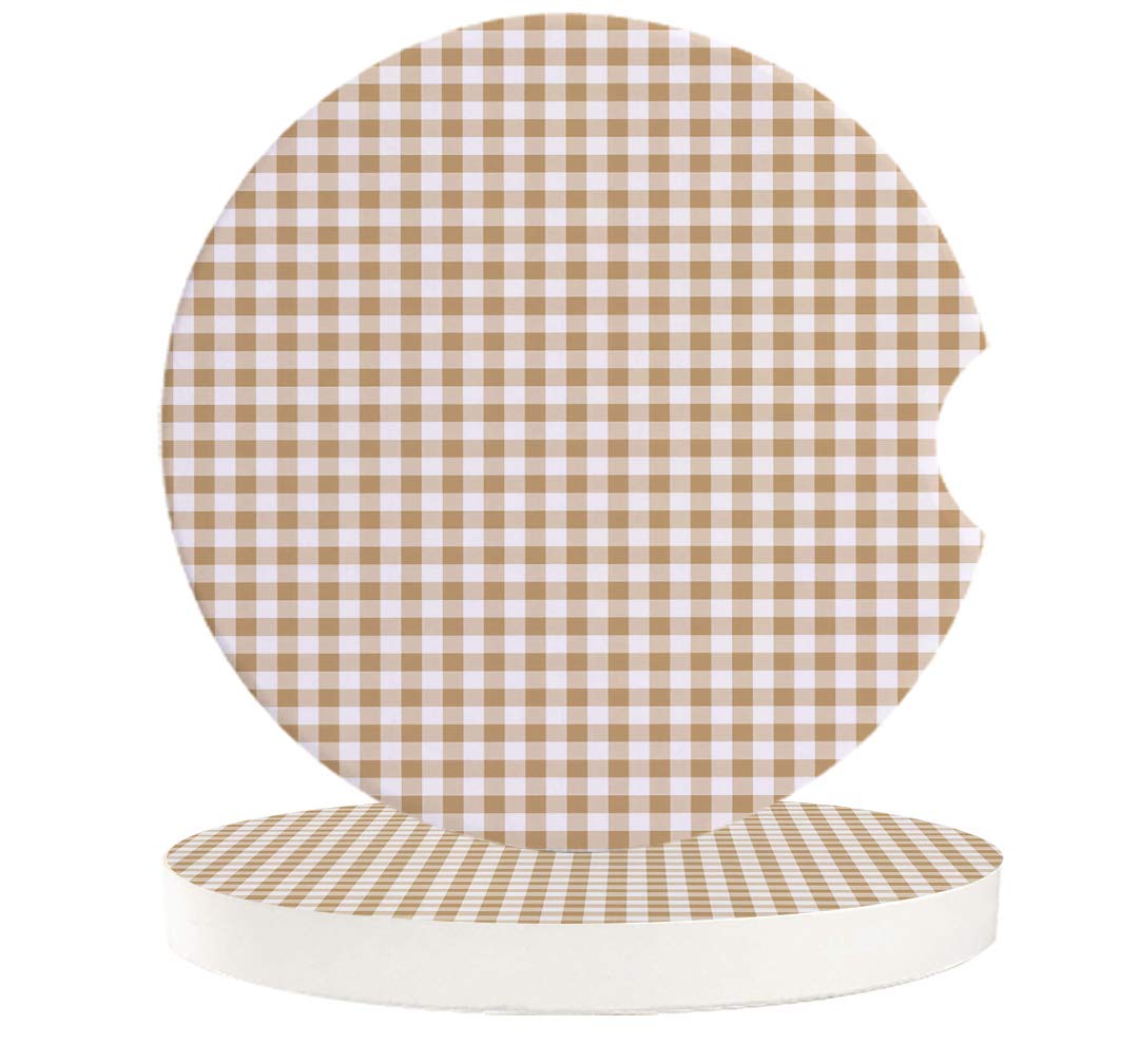 Absorbent Ceramic Car Coasters 2-Pack - Buffalo Check Plaid Yellow Cup Holder Coasters for Women & Men | Funny Automotive Accessories for Car, Living Room, Kitchen & Office | Durable Gingham Design