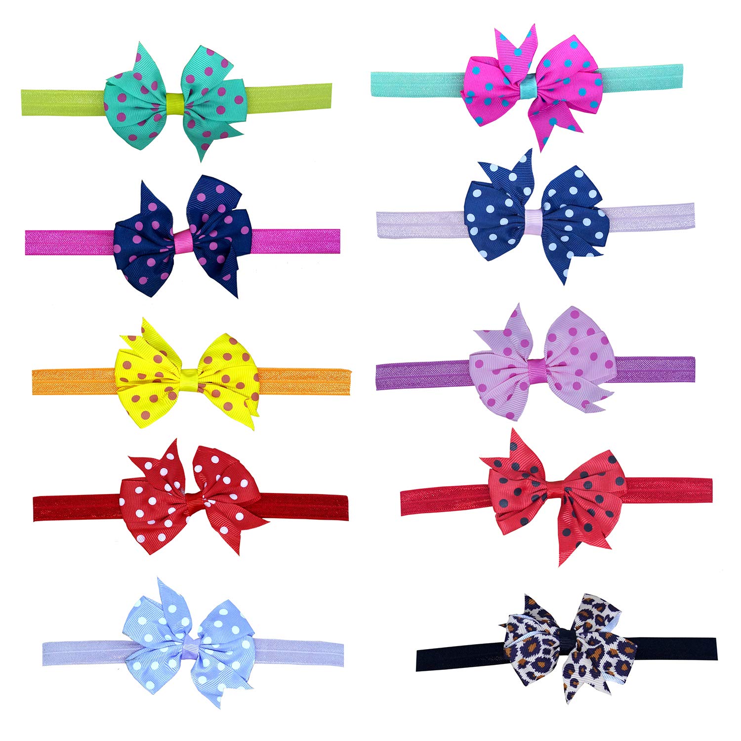 10 Pack Soft Chiffon Satin Lace Hair Bows for Baby Girls & Kids - Stretchable Elastic Headbands for Parties, School, and Everyday Wear