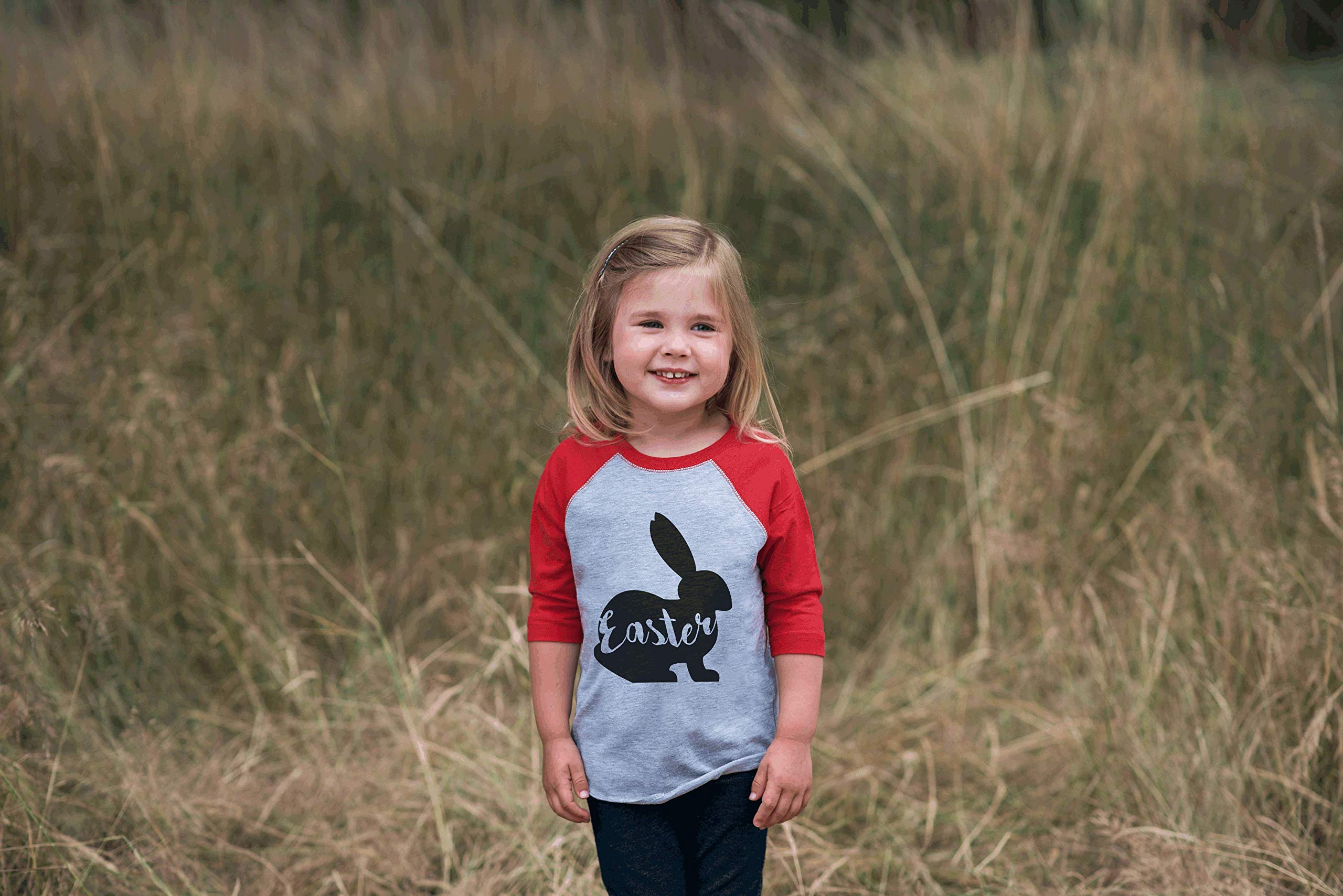 7 ate 9 Apparel Kids Easter Bunny T-Shirt - Happy Easter Red Raglan Long Sleeve Top for Boys & Girls - Perfect for Easter Egg Hunts, Family Photos & Spring Celebrations