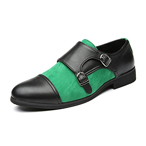 FXDN Men's Spring Fashion Monk Strap Dress Shoes - Black & Green Oxford Loafers for Wedding, Business & Casual Wear | Comfortable Formal & Office Shoes for Men