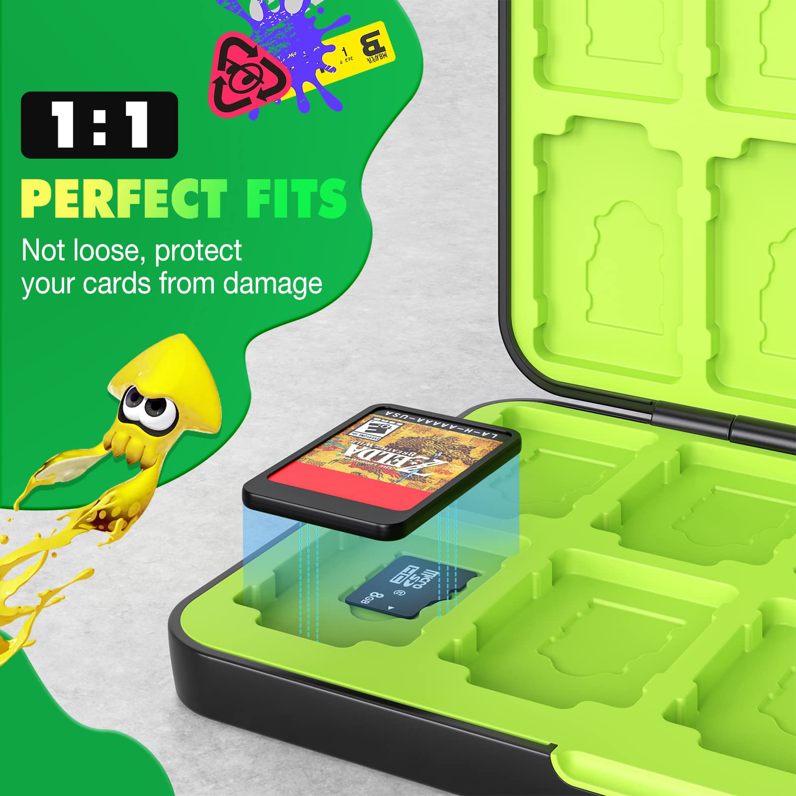 Moko Game Card Holder Case for Nintendo Switch OLED/Switch/Switch Lite - 24 Game Card Slots & 24 Micro SD Slots - Protective Storage Organizer (Green/Yellow) - Perfect for Travel & Gaming Accessories Organization