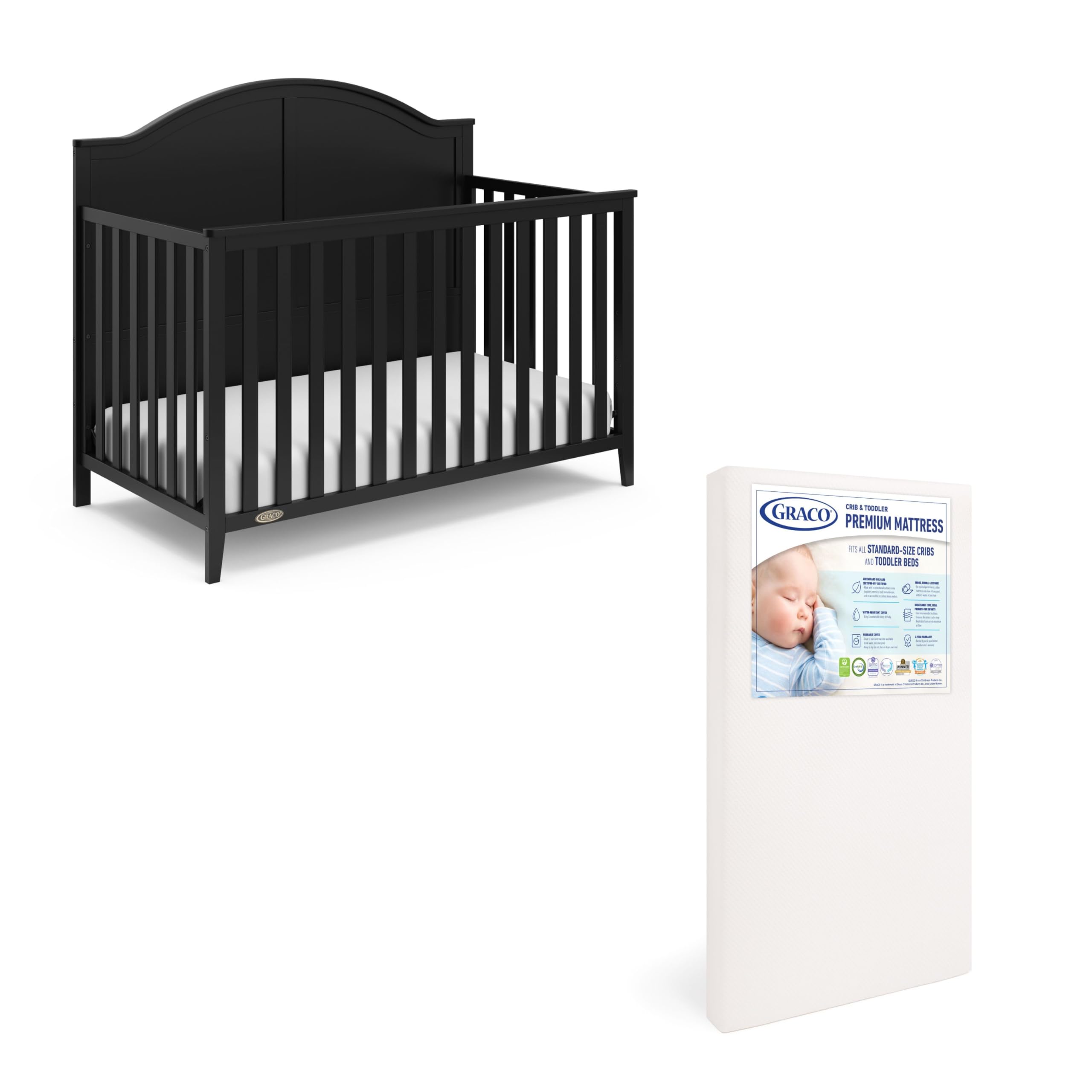 Graco Wilfred Convertible Crib & Mattress Set (Black) – GREENGUARD Gold Certified Baby Crib with Included Mattress | Safe Nursery Furniture for Newborns & Toddlers | Perfect for Modern Nursery Rooms & Daycare Centers