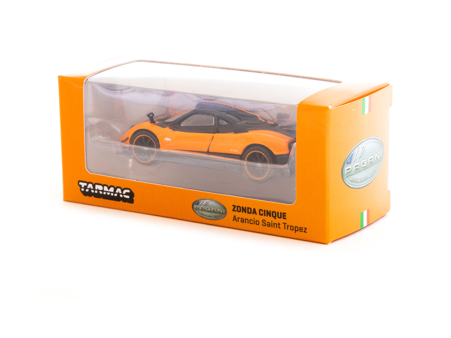Tarmac Works 1/64 Pagani Zonda Cinque Arancio Saint Tropez Diecast Model Car - Collectible Miniature Vehicle for Display & Racing - Perfect for Car Enthusiasts & Model Collectors