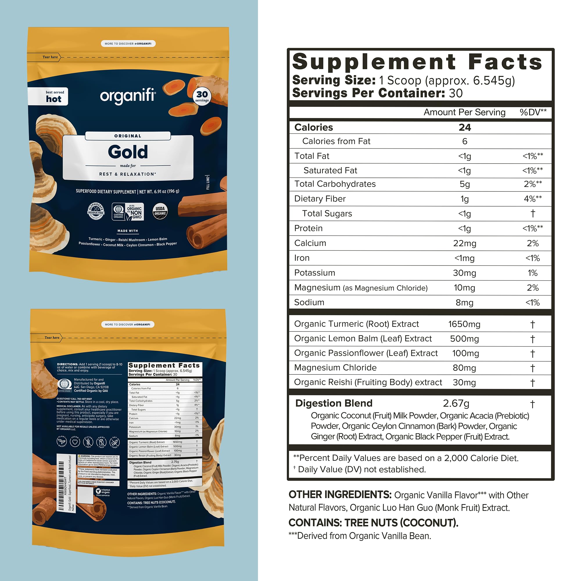 Organifi Gold Superfood Supplement Powder - 90 Servings (3 Pack) - Stress Relief, Better Sleep & Relaxation with Turmeric & Reishi Mushroom - Vegan, Gluten-Free Wellness Drink for Nighttime, Travel & Daily Stress Management