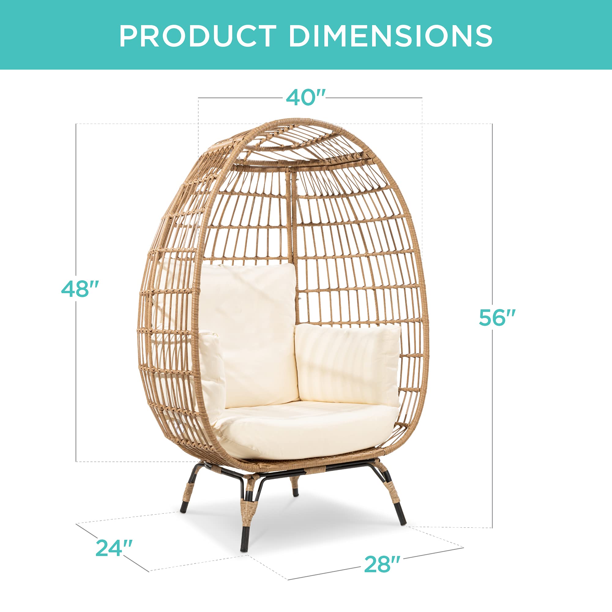 Best Choice Products Oversized Wicker Egg Chair - Indoor/Outdoor Hanging Lounger with 4 Cushions & Steel Frame (440lb Capacity, Ivory) - Perfect for Patio, Backyard, Living Room & Relaxation Spaces