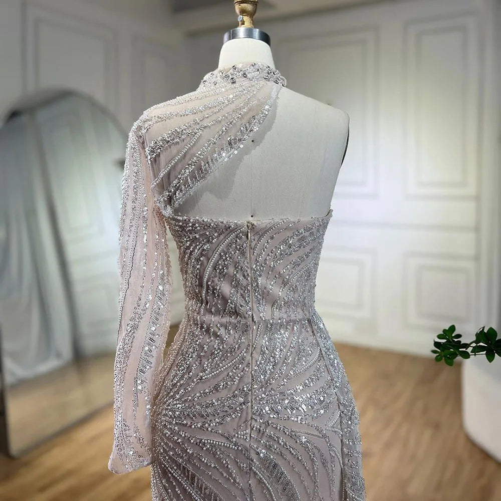 Elegant White Arabic Mermaid Evening Gown with Beaded One-Shoulder Design - Luxury Party Dress for Women 2025 | Perfect for Prom, Gala & Formal Events - LA72196