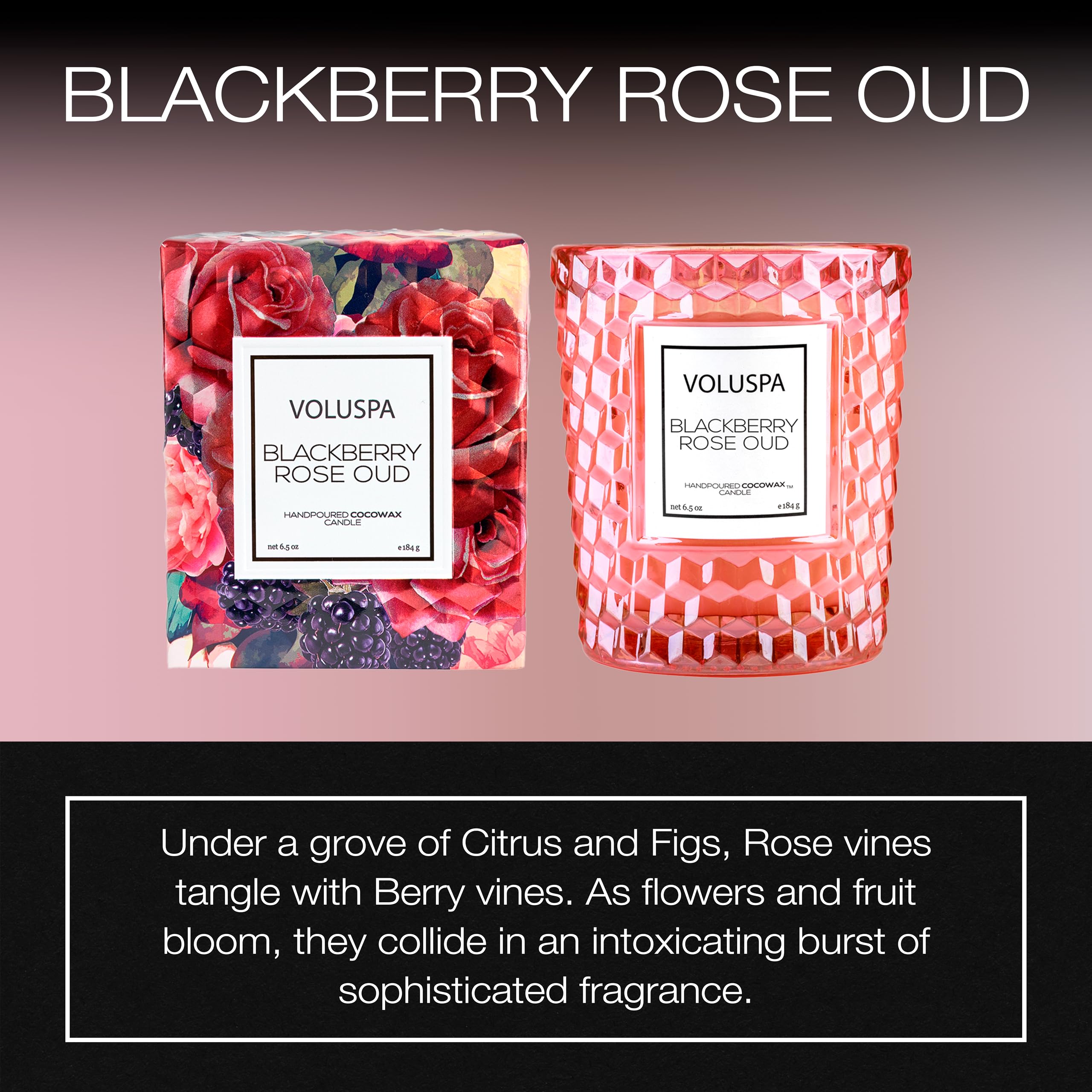 Voluspa BlackBerry Rose Oud Scented Candle - 6.5 oz Coconut Wax Jar, 40 Hour Burn Time, Clean Burning, Handcrafted in USA | Perfect for Home Decor, Romantic Dinners & Spa Relaxation