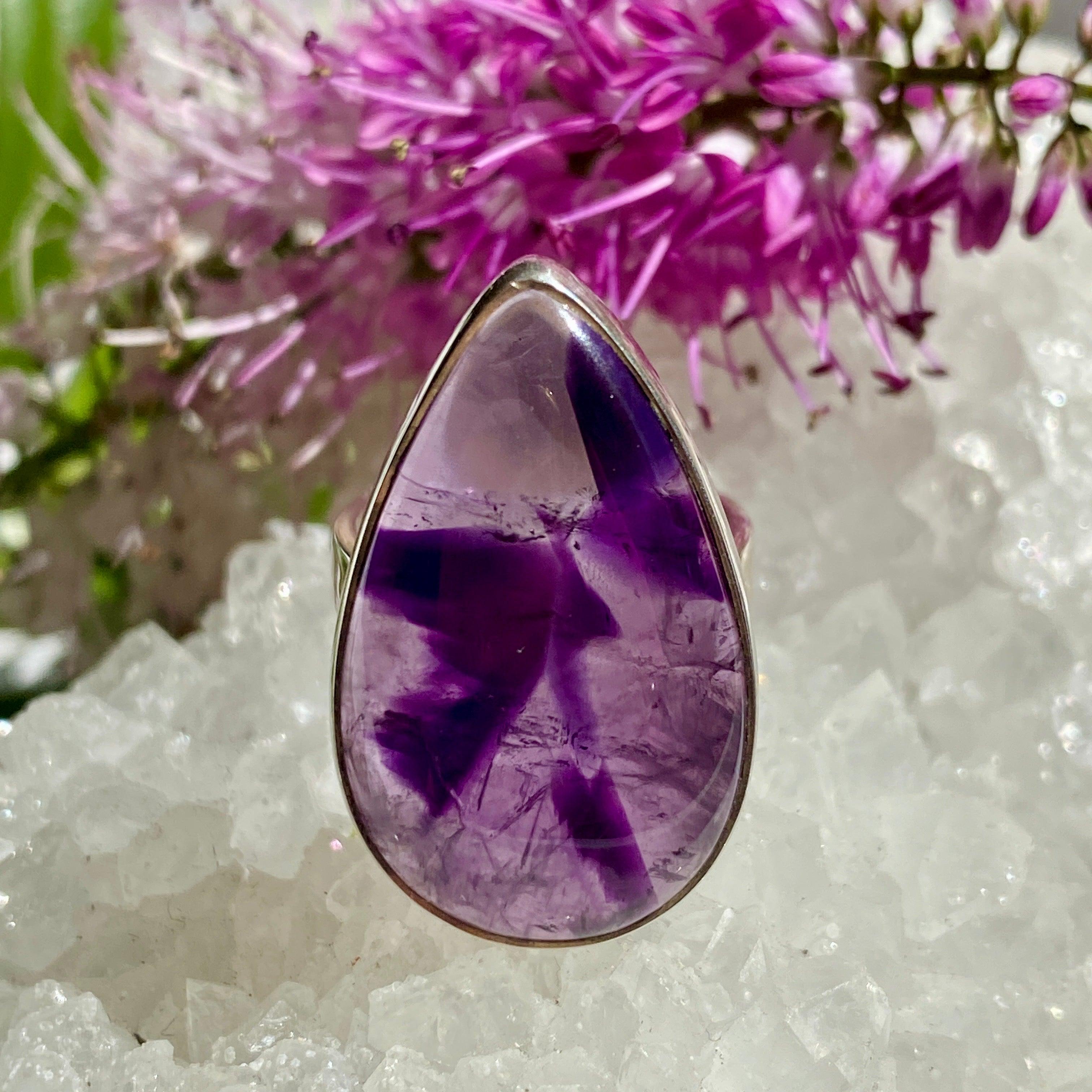 Amethyst Teardrop Cabochon Ring - Size 6 - Sterling Silver 925 - Elegant Purple Gemstone Jewelry for Women - Perfect for Weddings, Parties & Everyday Wear