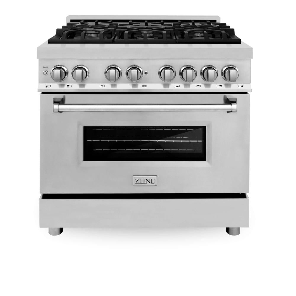 ZLINE 36 Inch Stainless Steel Kitchen Package - Dual Fuel Range, Convertible Vent Hood & Dishwasher (3KP RARH36 DW) | Perfect for Modern Home Chefs & Open Concept Kitchens