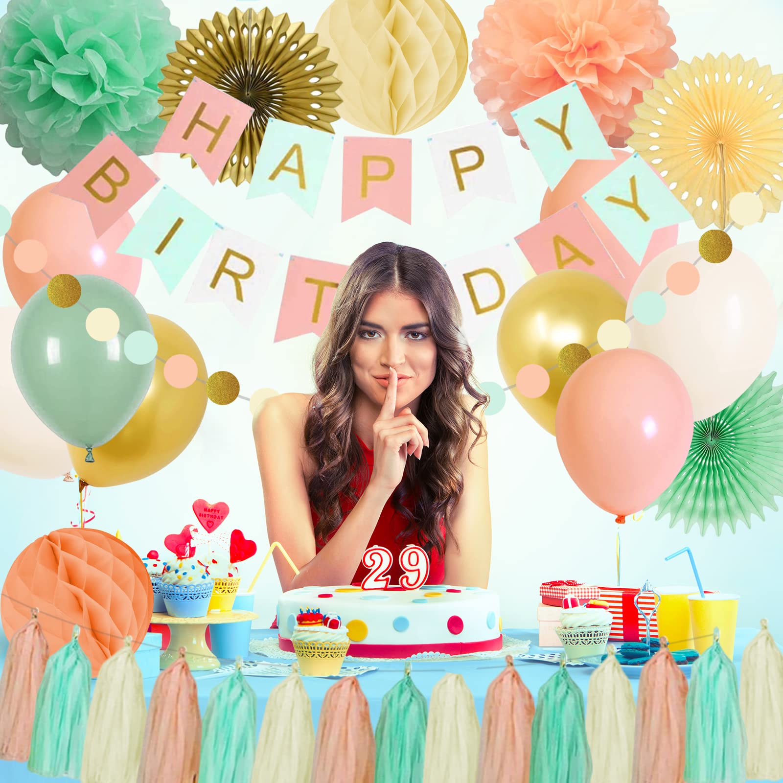 Happy Birthday Decorations for Girls & Women - Mint Green Gold Peach Birthday Banner, Hanging Paper Fan, Honeycomb Ball, Tissue Pompoms Garland & Balloons - Perfect for Birthday Parties, Baby Showers & Bridal Showers