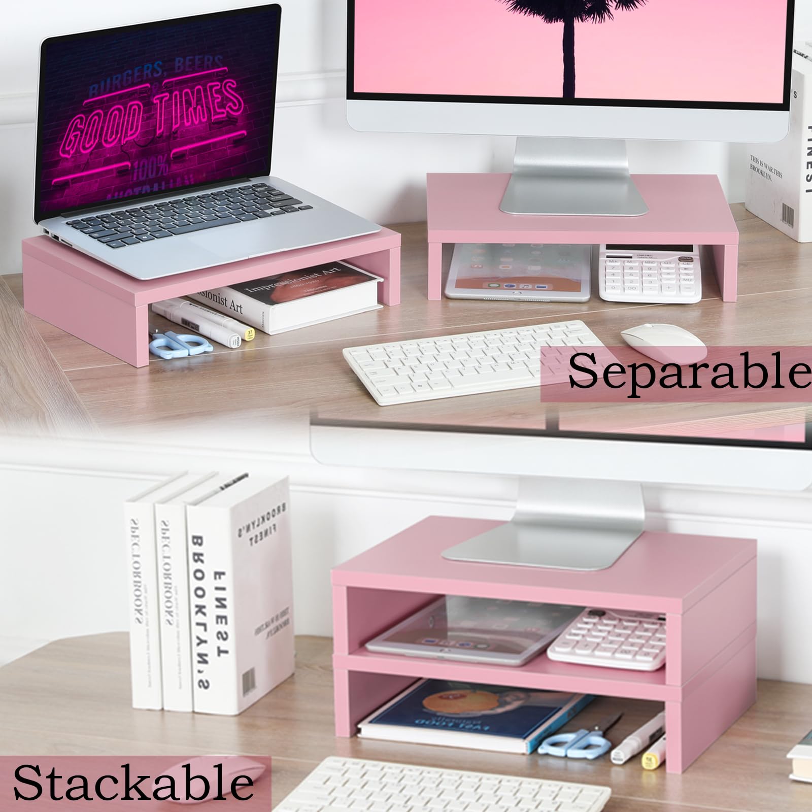 TEAMIX 2 Pack Pink Wooden Monitor Stand Riser - Adjustable Dual Tier Laptop & Computer Desk Organizer for Home Office Setup, Gaming Station & Workspace Ergonomics