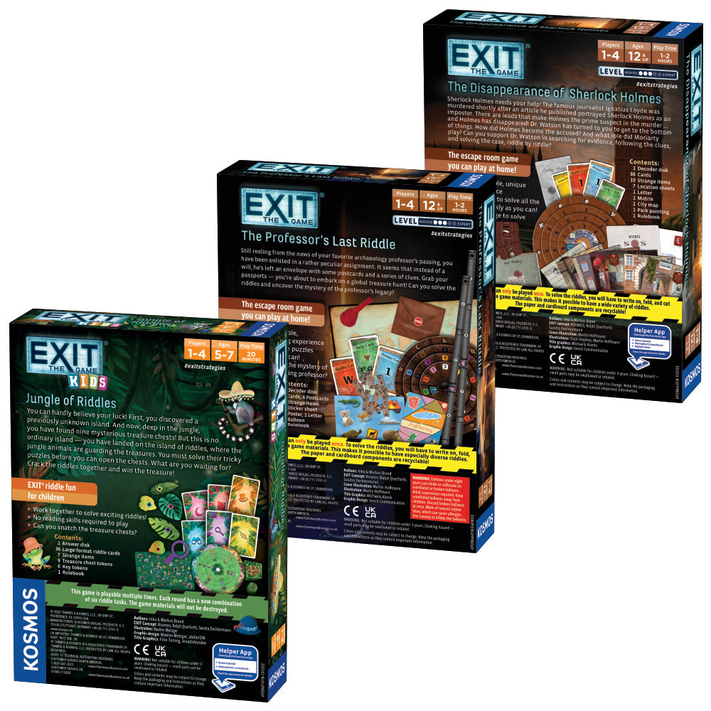 EXIT Game 3 Pack Bundle - Kids Jungle of Riddles, Professor's Last Riddle & Sherlock Holmes Disappearance | Escape Room Board Games for Family Game Night & Kids Party Activities