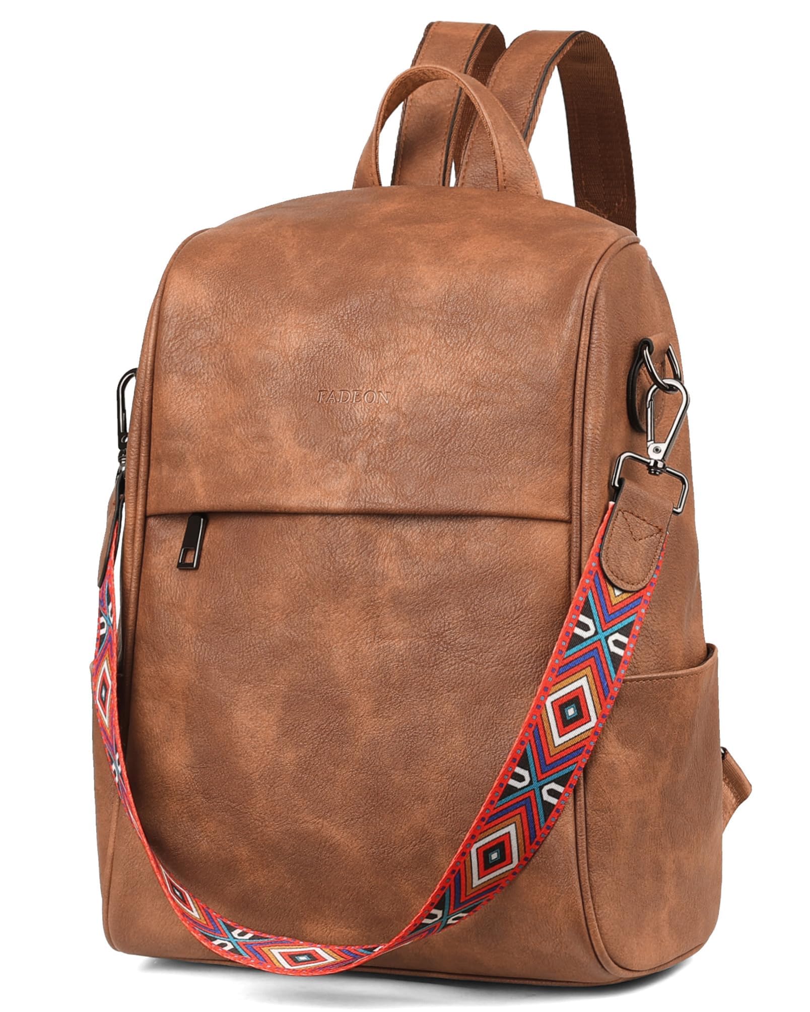 FADEON Anti Theft Backpack for Women - Stylish Faux Leather Laptop Backpack with Hidden Back Opening, Secure Work Bag & Travel Purse (Brown) - Perfect for Office, Commute & College Campus Use