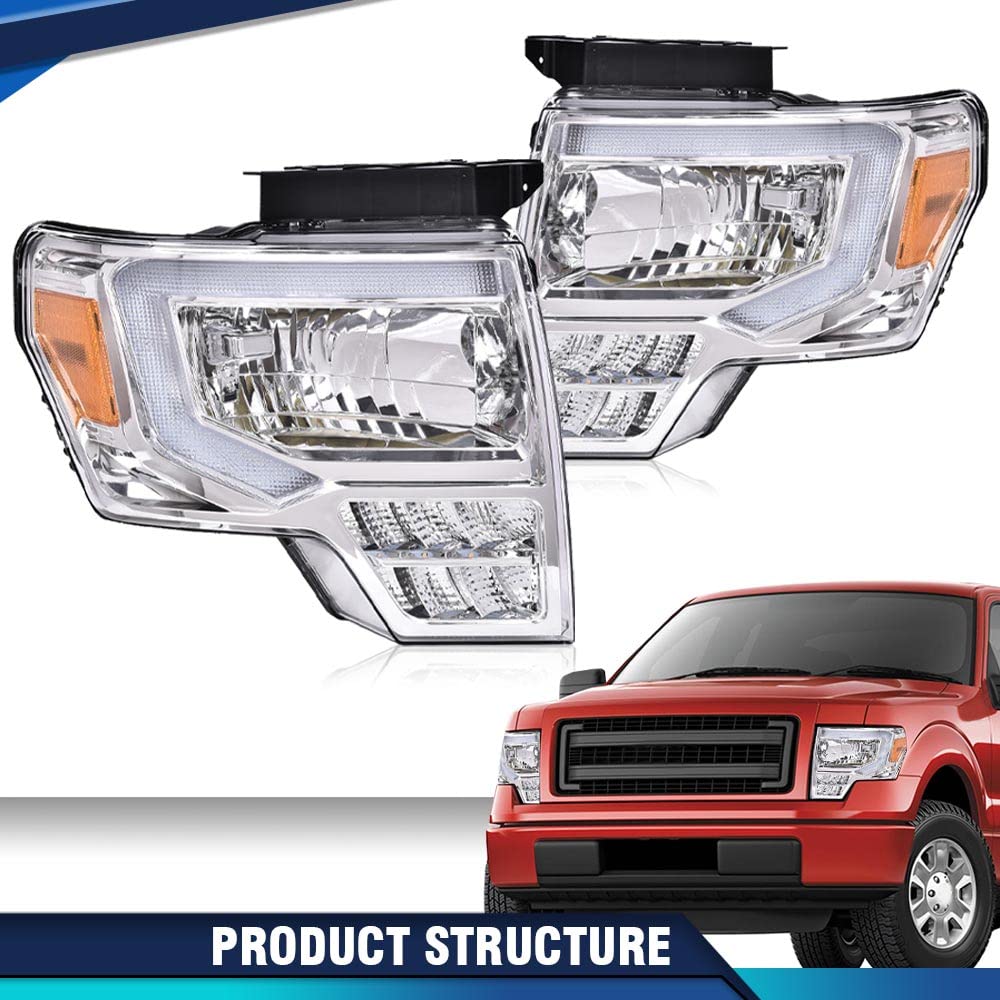 PIT66 LED Headlight Assembly for Ford F150 2009-2014 - Direct Replacement for Factory Halogen Headlights - Clear Lens & Chrome Housing with LED Light Bar - Perfect for Night Driving & Off-Road Adventures