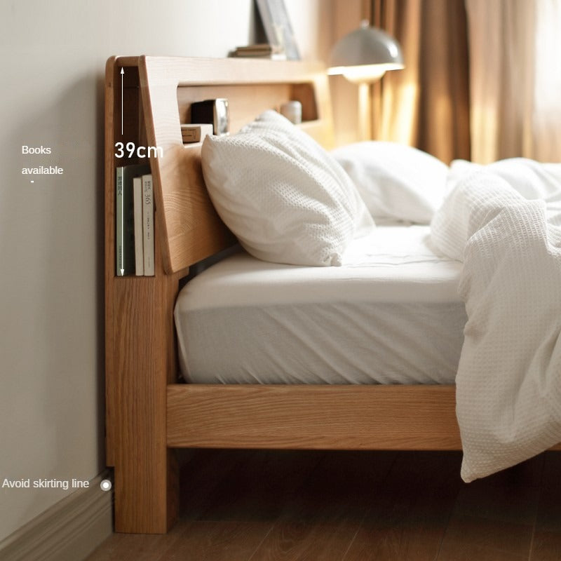 Solid Oak and Beech Wood Bed with Built-in LED Lights and Bookshelf - Modern Bedroom Furniture for Small Spaces, Lofts, and Studio Apartments