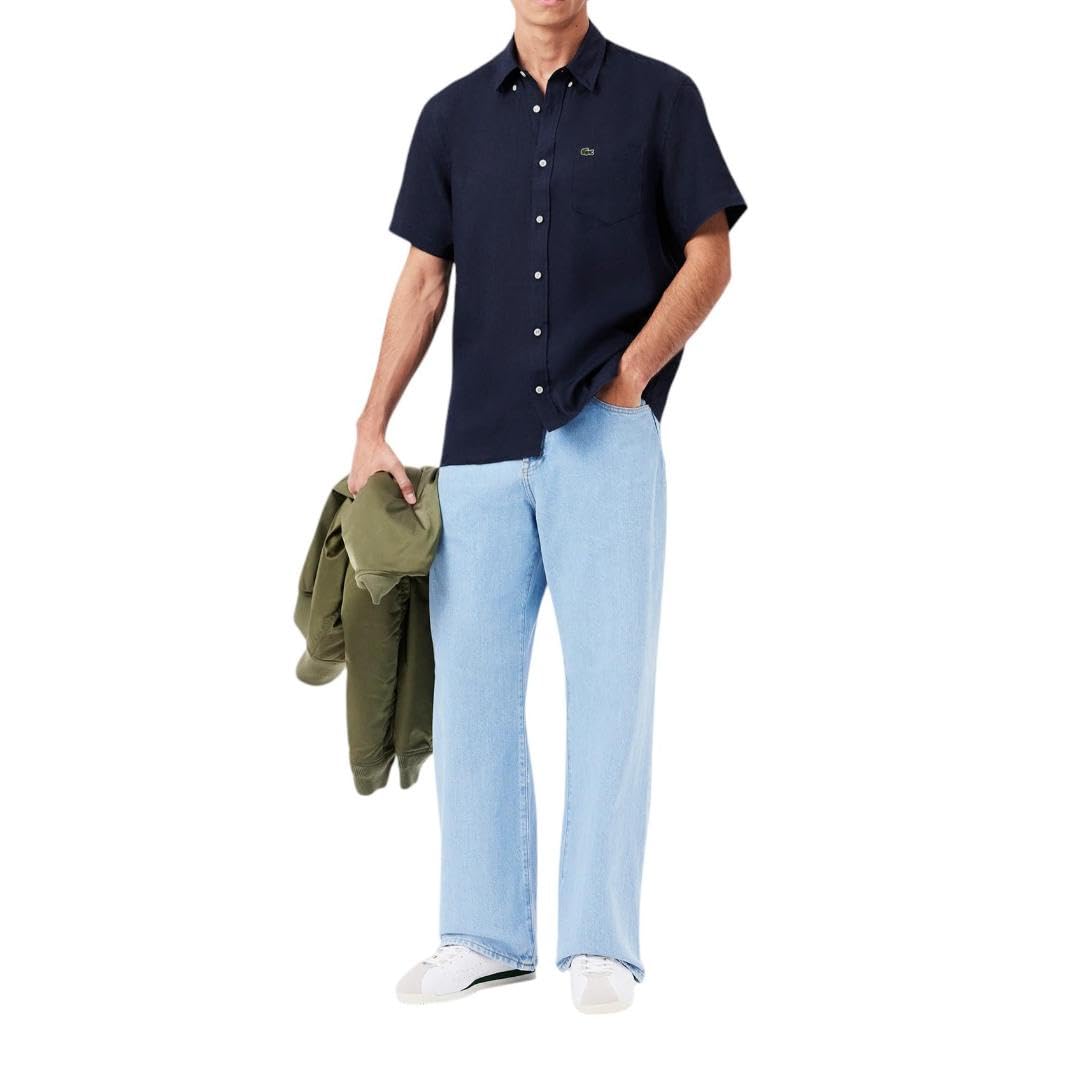 Lacoste Men's Short Sleeve Linen Button Down Shirt | Classic Regular Fit with Front Pocket | Casual Summer Wear, Office & Vacation Outfits