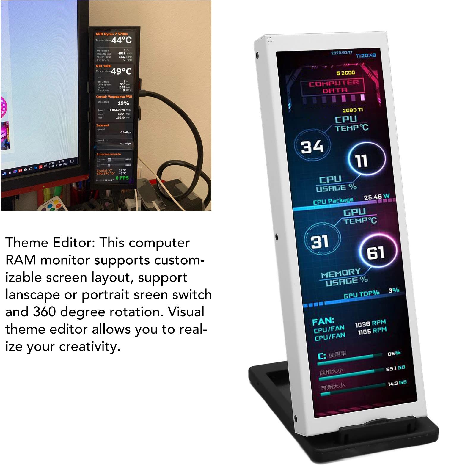 7.9 Inch IPS Display with CPU GPU RAM Temperature Monitor - Multi-Function Theme Editor & Stepless Brightness Adjustment for Raspberry Pi & Windows Systems - Perfect for DIY Projects, Home Automation & Gaming Setups