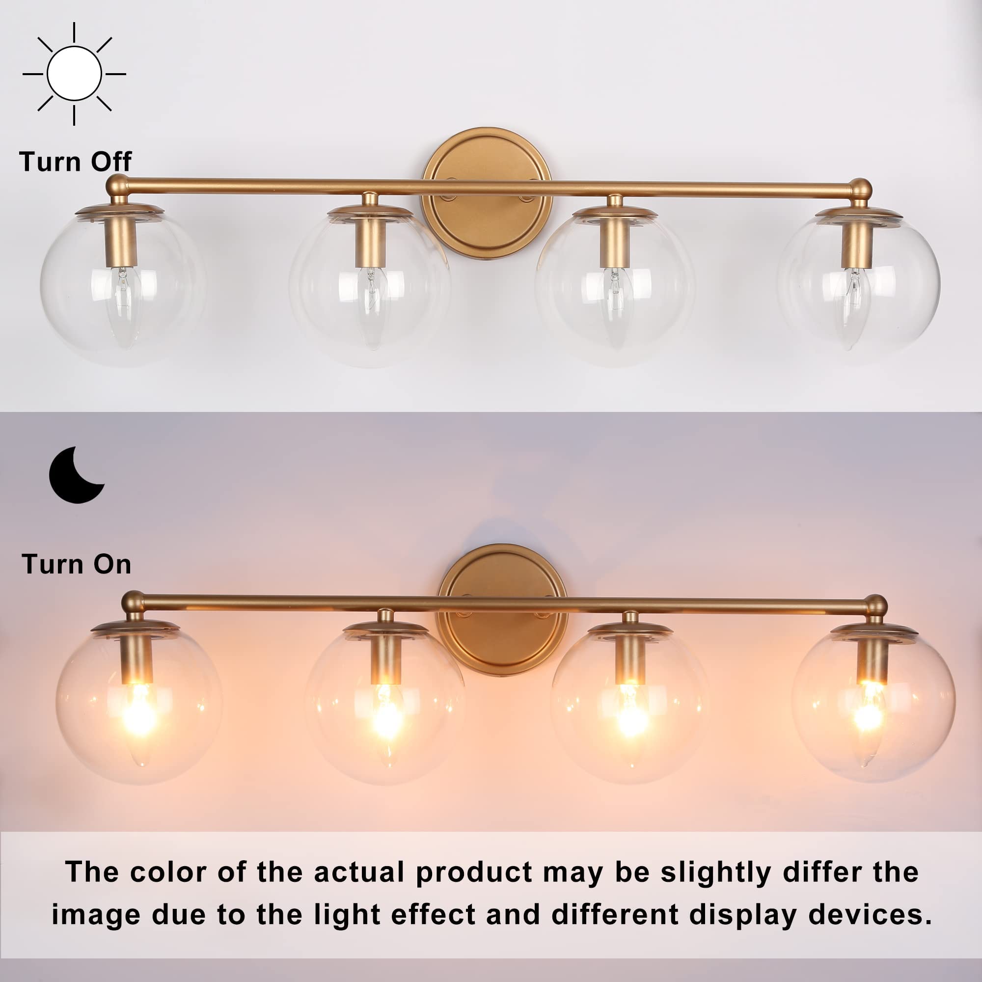 24K Gold Bathroom Light Fixtures - 4-Light Modern Vanity Lights with Clear Glass Shade for Bathroom, Hallway, Dressing Room - 29.5