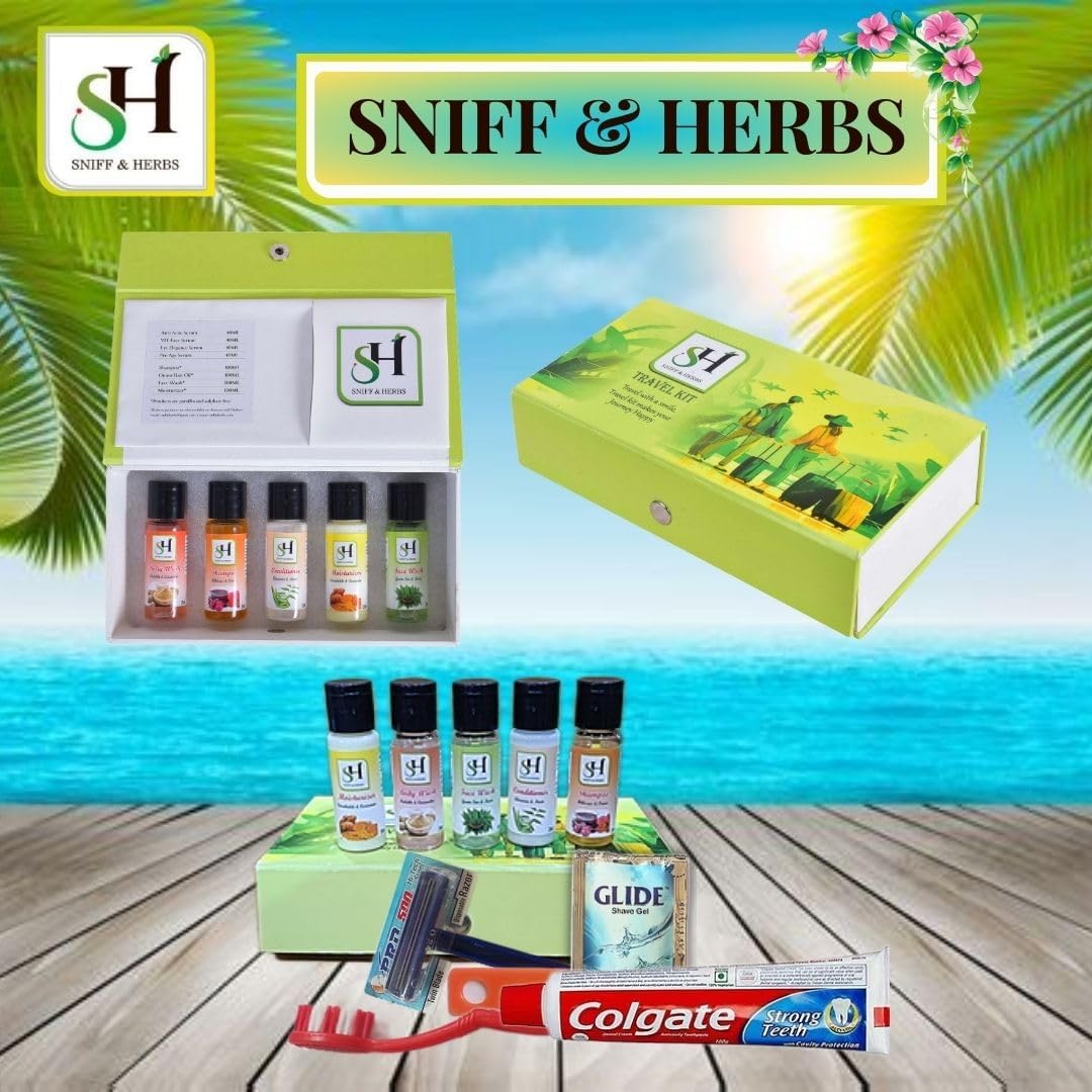 SNIFF & HERBS 10-Piece Travel Toiletries Set for Men & Women - Shampoo, Body Wash, Face Wash, Moisturizer, Conditioner, Toothpaste, Toothbrush, Shaving Gel, Razor, Comb & Travel Bag | Premium Hotel Guest Amenities Kit | Ideal for Travel, Gifts & Hospitality Use
