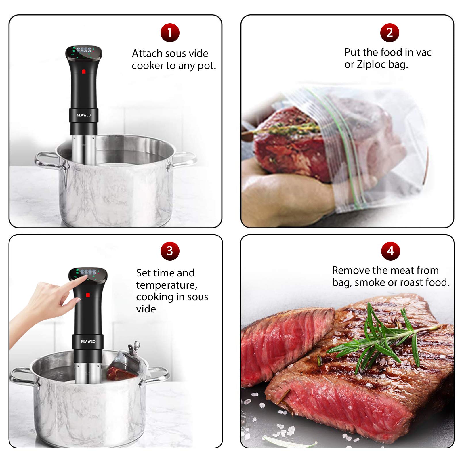 KEAWEO 1100W Sous Vide Precision Cooker with Touch LED Screen - Professional Immersion Circulator for Low-Temperature Vacuum Cooking - Perfect for Steak, Chicken, Fish & Meal Prep at Home