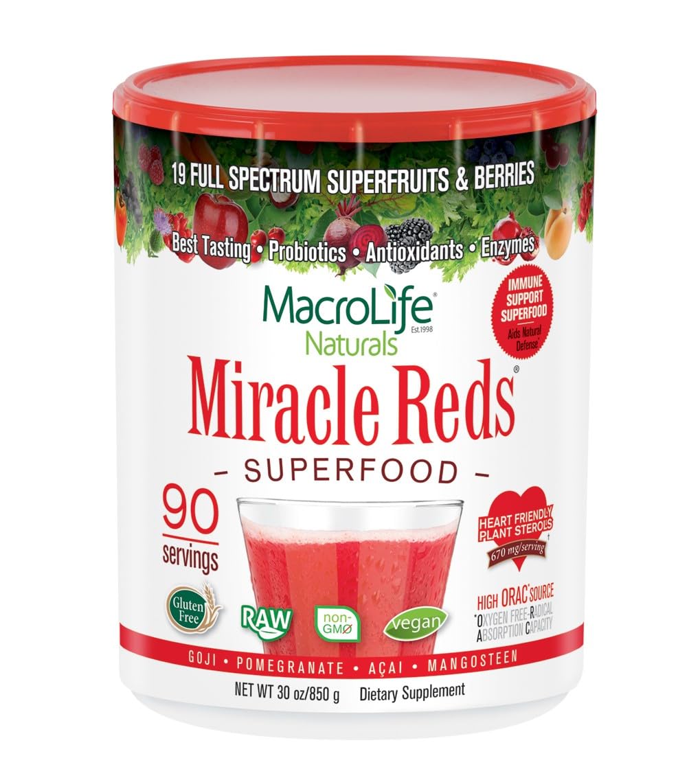 MacroLife Naturals Miracle Reds Superfood Powder - Antioxidant Rich with Polyphenols, Enzymes & Probiotics | Organic, Non-GMO, Vegan, Gluten & Dairy Free (30oz, 90 Servings) - Boost Energy & Immunity for Active Lifestyles