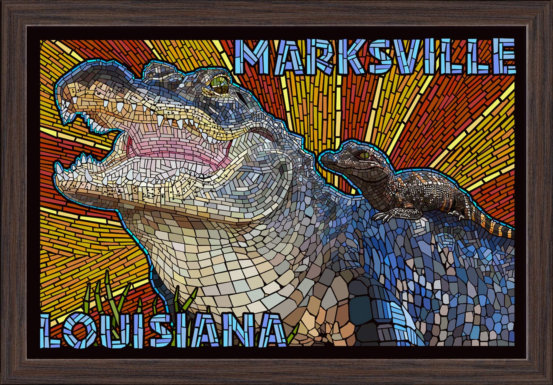 Louisiana Alligator Mosaic Art Print - 16x24 Giclee Fine Art on Recycled Wood Frame in Espresso Brown - Perfect for Home Decor, Office Wall Art & Southern Style Interior Design