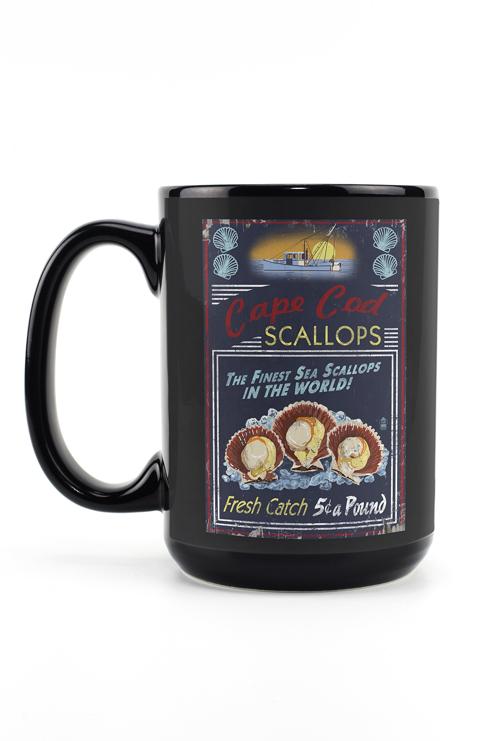 **Vintage Scallops Sign Cape Cod Massachusetts 15oz Black Ceramic Coffee Mug - Dishwasher & Microwave Safe - Perfect for Tea, Coffee & Home Decor**