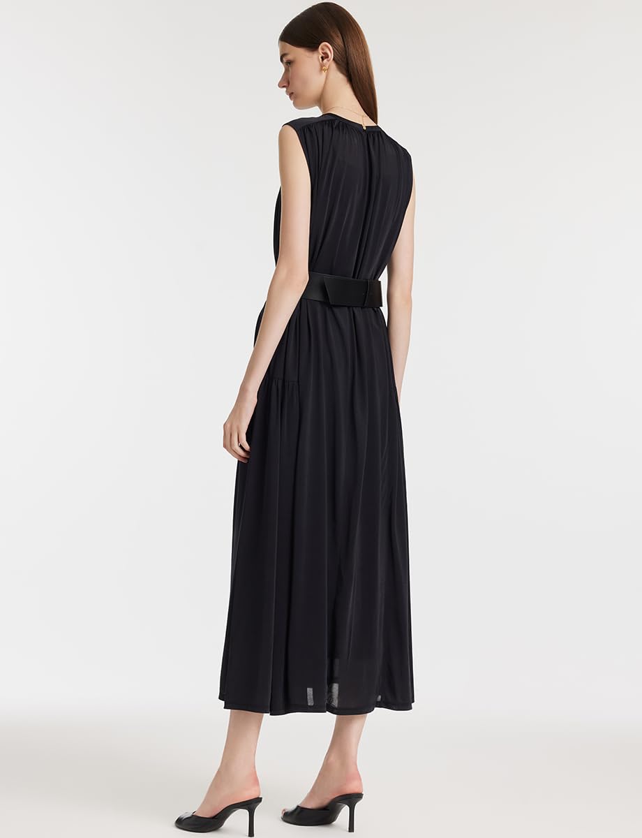 2025 Women's Summer Black Sleeveless Maxi Dress with Belt - Elegant Formal Wedding Guest Dress for Beach Parties & Evening Events