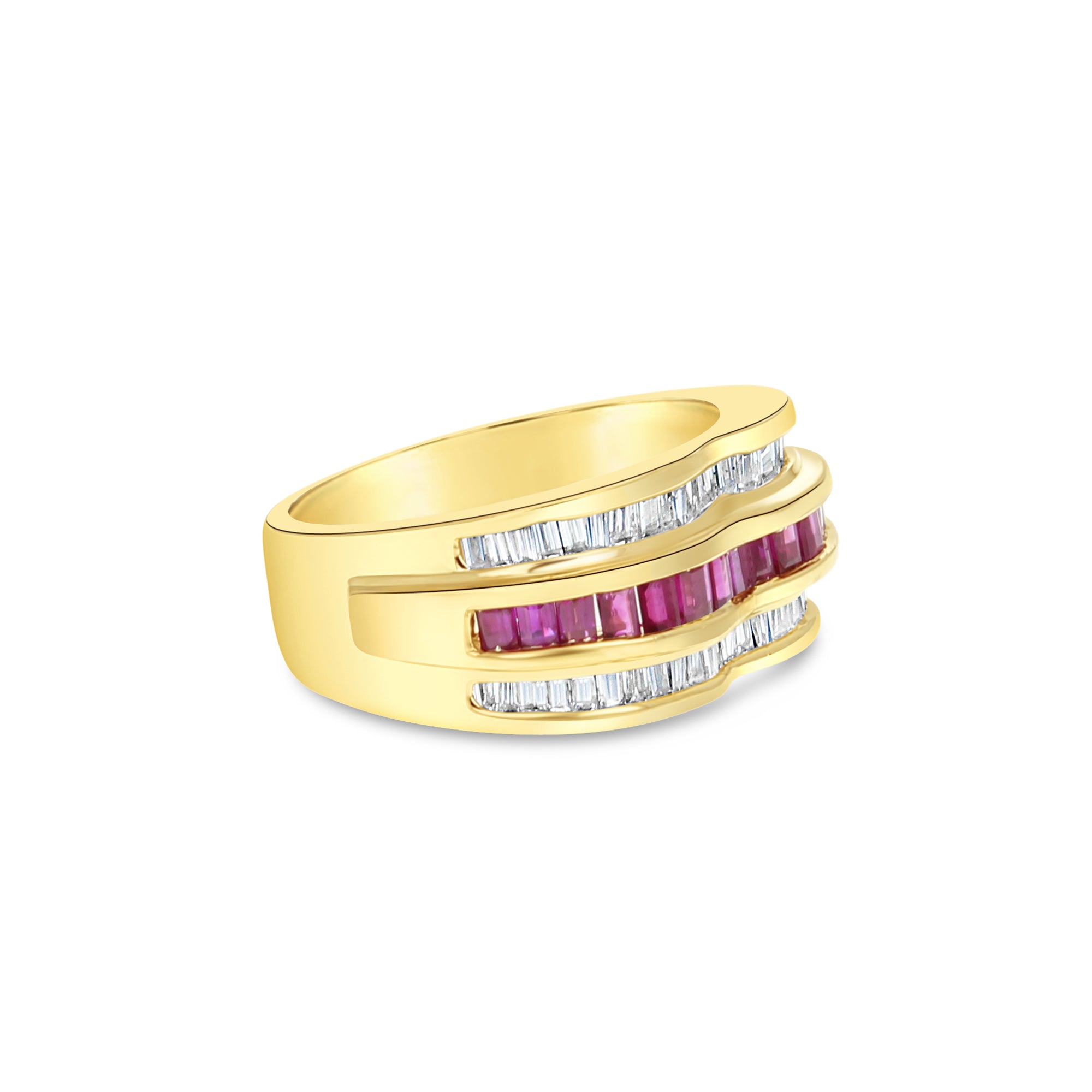 14k Yellow Gold Ruby & Diamond Baguette Cocktail Ring - Elegant Statement Jewelry for Evening Parties, Weddings & Special Occasions
