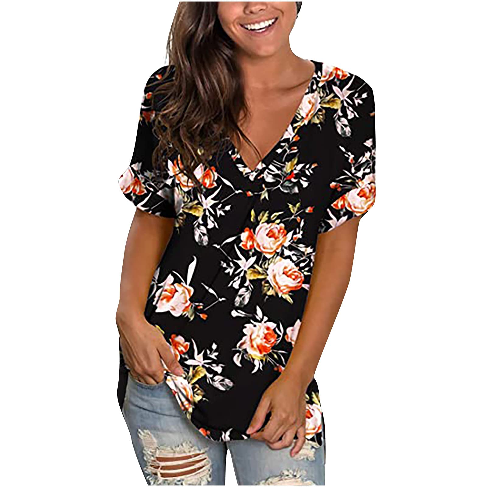 YSLMNOR Women's Summer Short Sleeve Tunic - Flowy V-Neck Printed Blouse, Casual Loose Fit Basic Tee Shirt | Perfect for Beach Outings, Weekend Wear & Summer Vacation