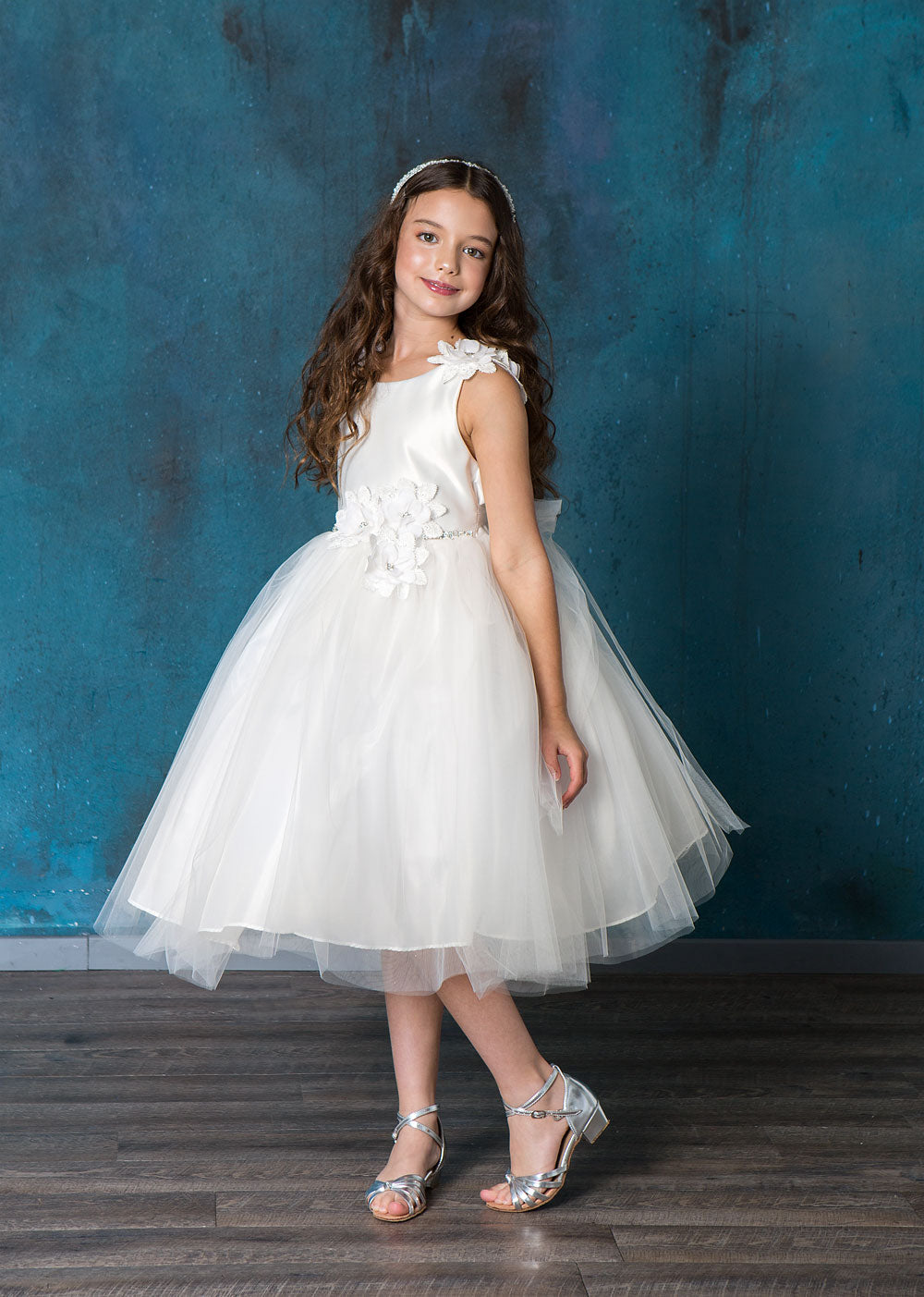 Ivory Beaded Flower Appliques Tulle Junior Bridesmaid Dress for Big Girls - Size 16 | Perfect for Weddings, Prom, and Formal Events