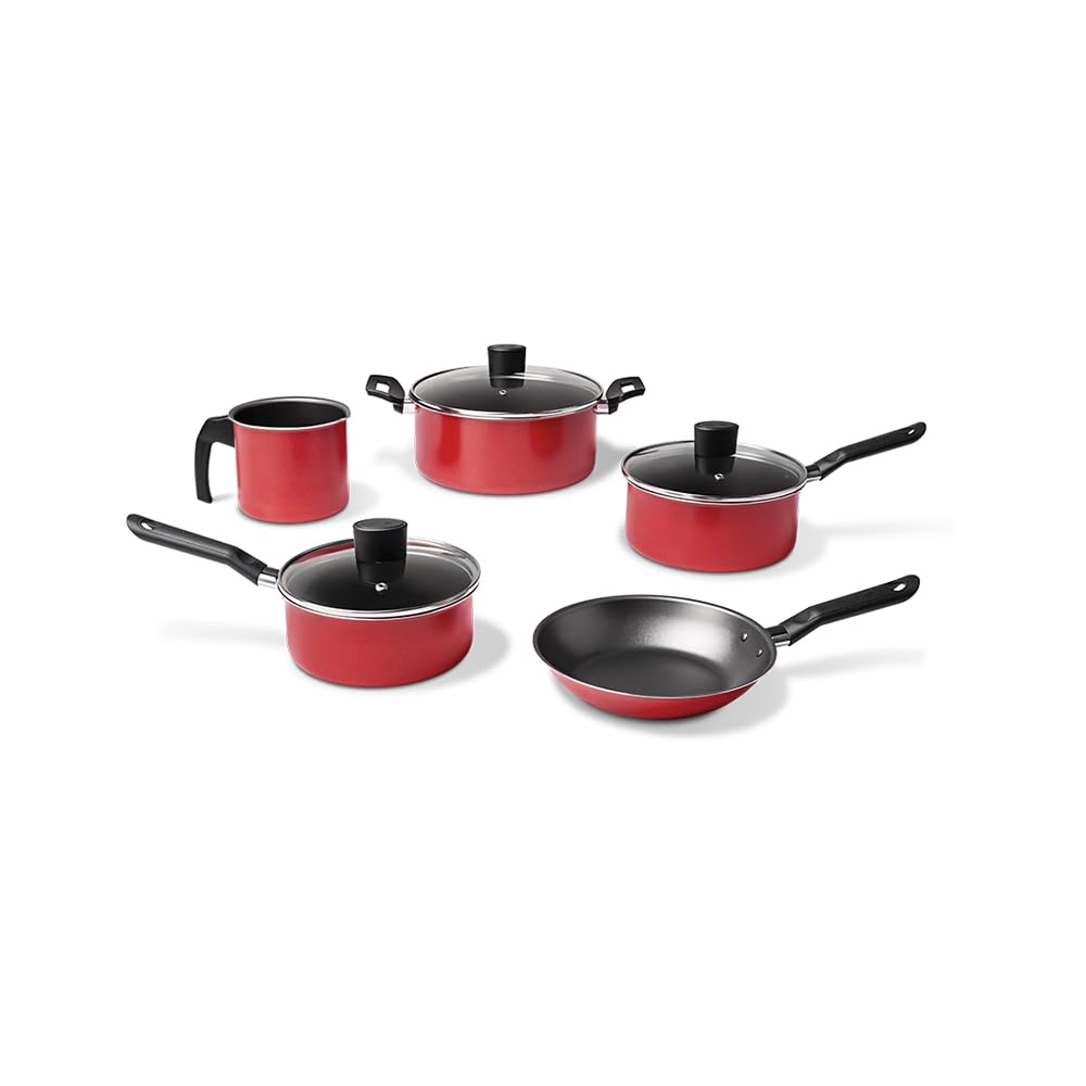 5-Piece Nonstick Cookware Set - Red Garlic Cooking Pots with Lids, Durable Brinox Kitchenware for Frying, Boiling & Sauteing | Perfect for Home Chefs & Everyday Cooking