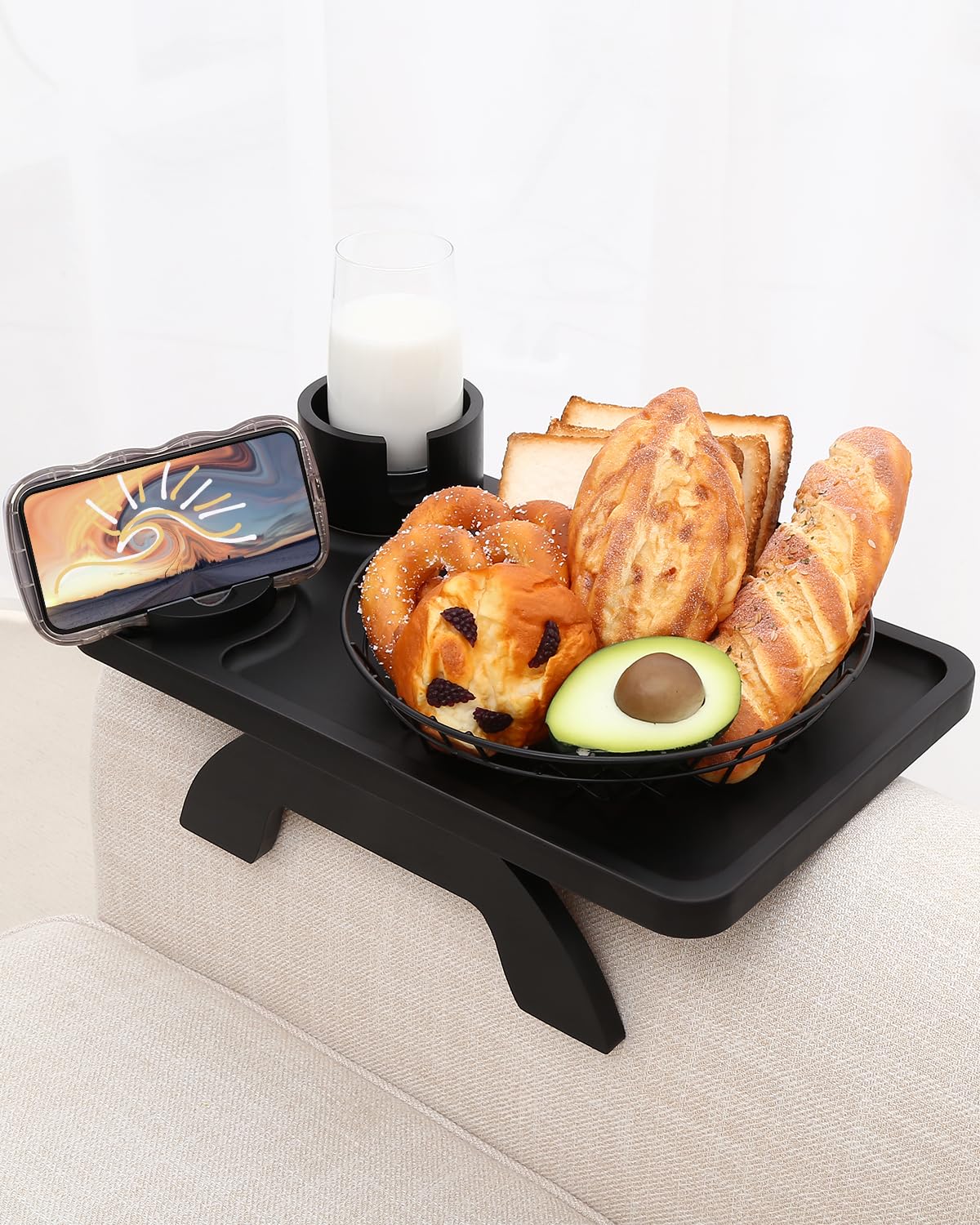 360° Rotating Bamboo Couch Arm Table with Cup & Phone Holder - 15.36x9.85 Inch Sofa Tray for Living Room, Bedroom - Perfect for Snacks, Drinks, Remote Control & Reading in Black