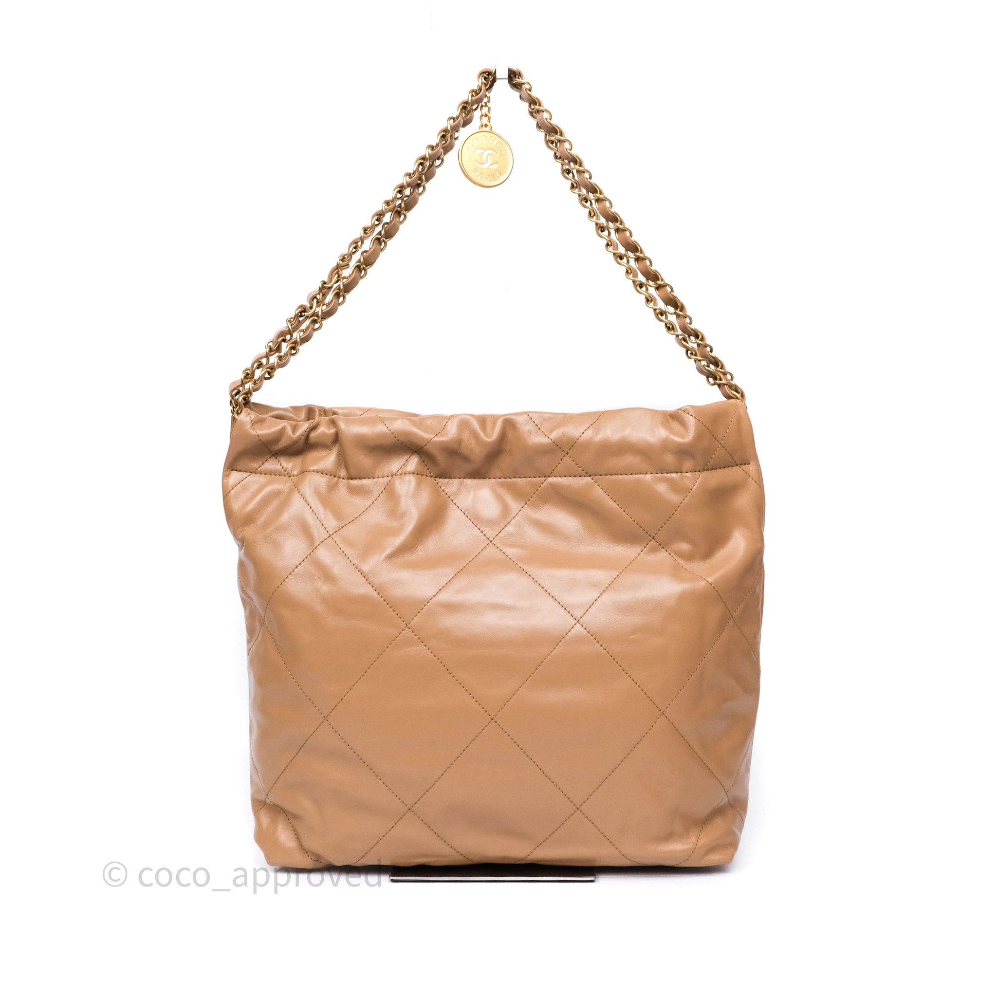 Chanel 22 Small Handbag in Beige Shiny Calfskin Leather with Aged Gold Hardware - Luxury Crossbody Bag for Women, Perfect for Date Night & Evening Events