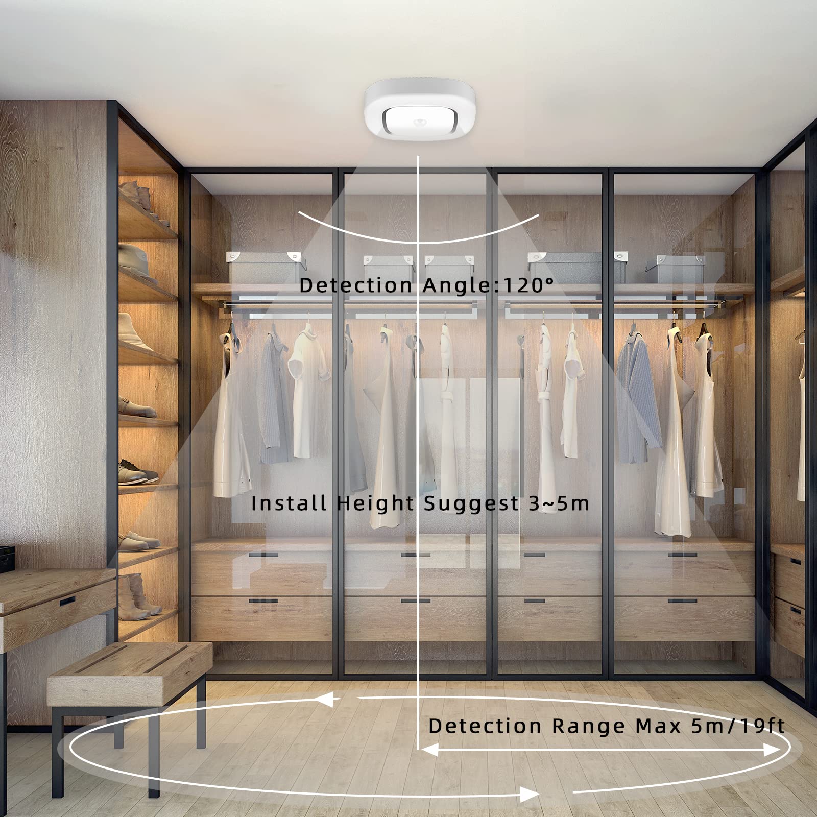 Motion Sensor Ceiling Light - Battery Operated LED Light with Auto On/Off (300LM, White) - Perfect for Closet, Hallway, Pantry, Laundry, Stairs, Garage, Bathroom, Shower, Porch & Shed - Indoor Motion Activated Lighting Solution