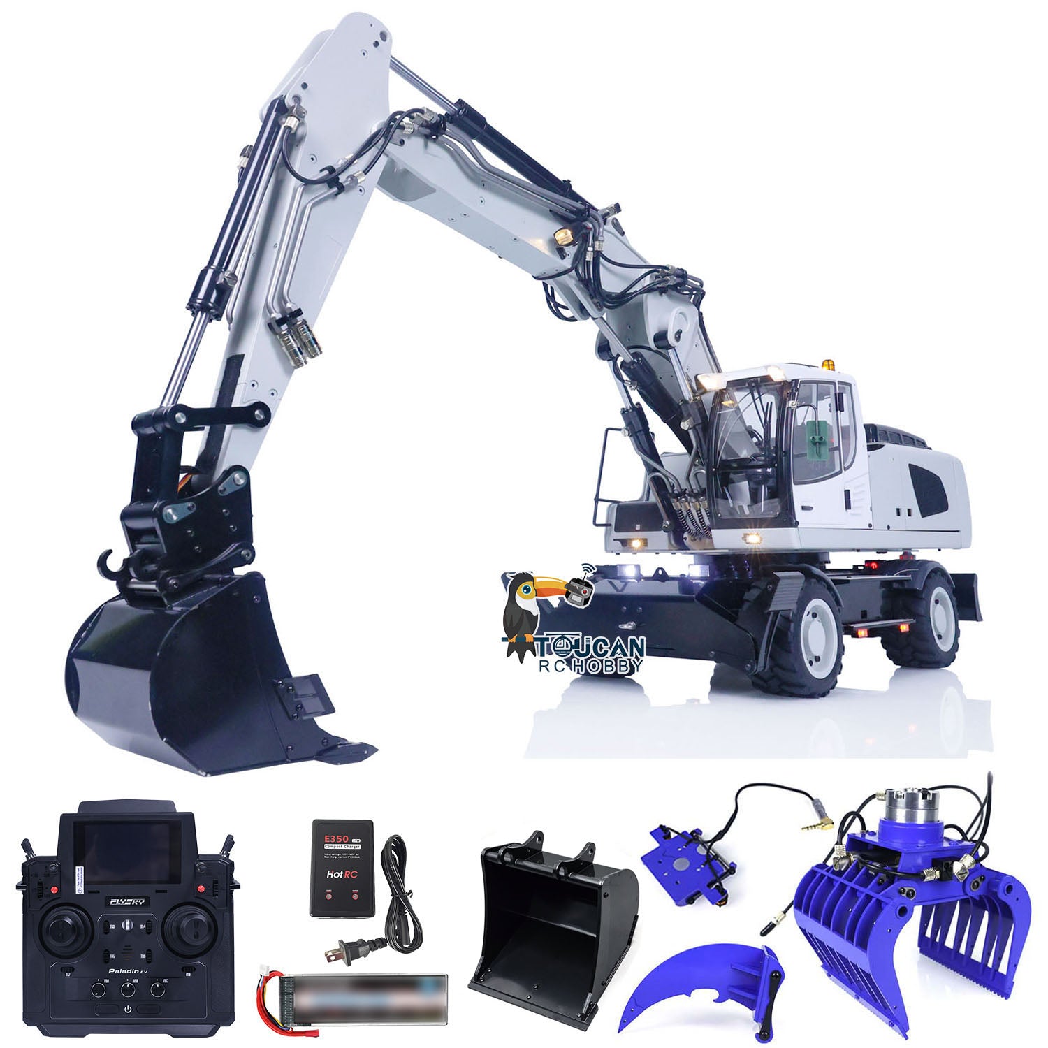1/14 Scale 3-Arm RC Hydraulic Excavator R946 - Metal Wheeled Remote Control Digger Toy with Grab Ripper & Tiltable Clamshell Bucket | Construction Model for Adults & Kids | Perfect for Sandbox Play, Backyard Digging & Hobby Collecting