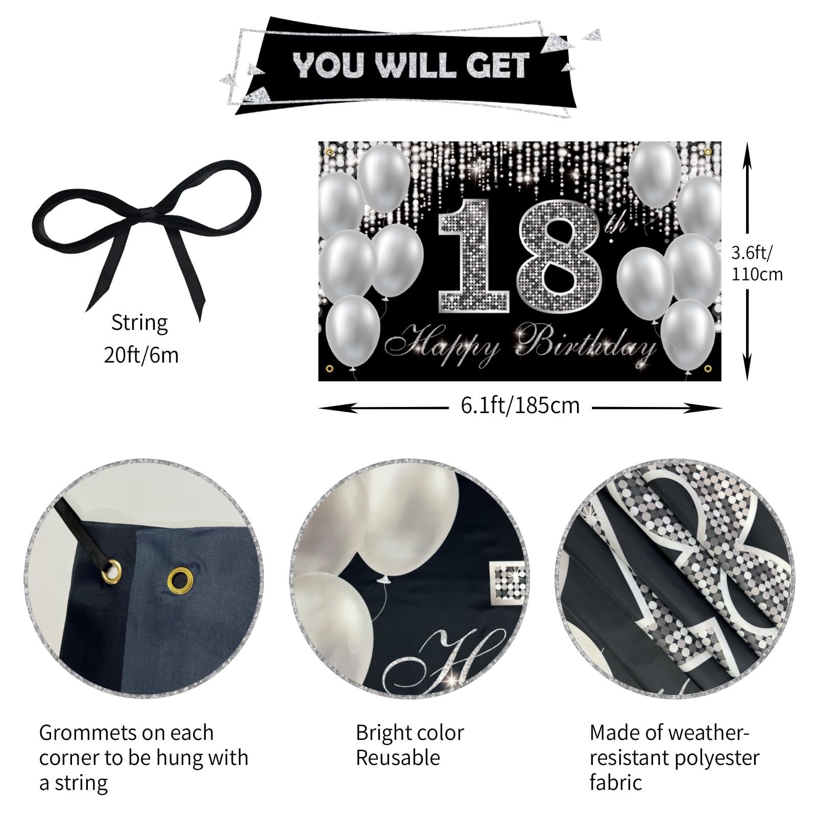 Happy 18th Birthday Banner Backdrop - Black & Silver Fabric Decor for Boys & Girls - Yard Sign & Photo Props for Adult Birthday Parties - Perfect for Indoor & Outdoor Celebrations