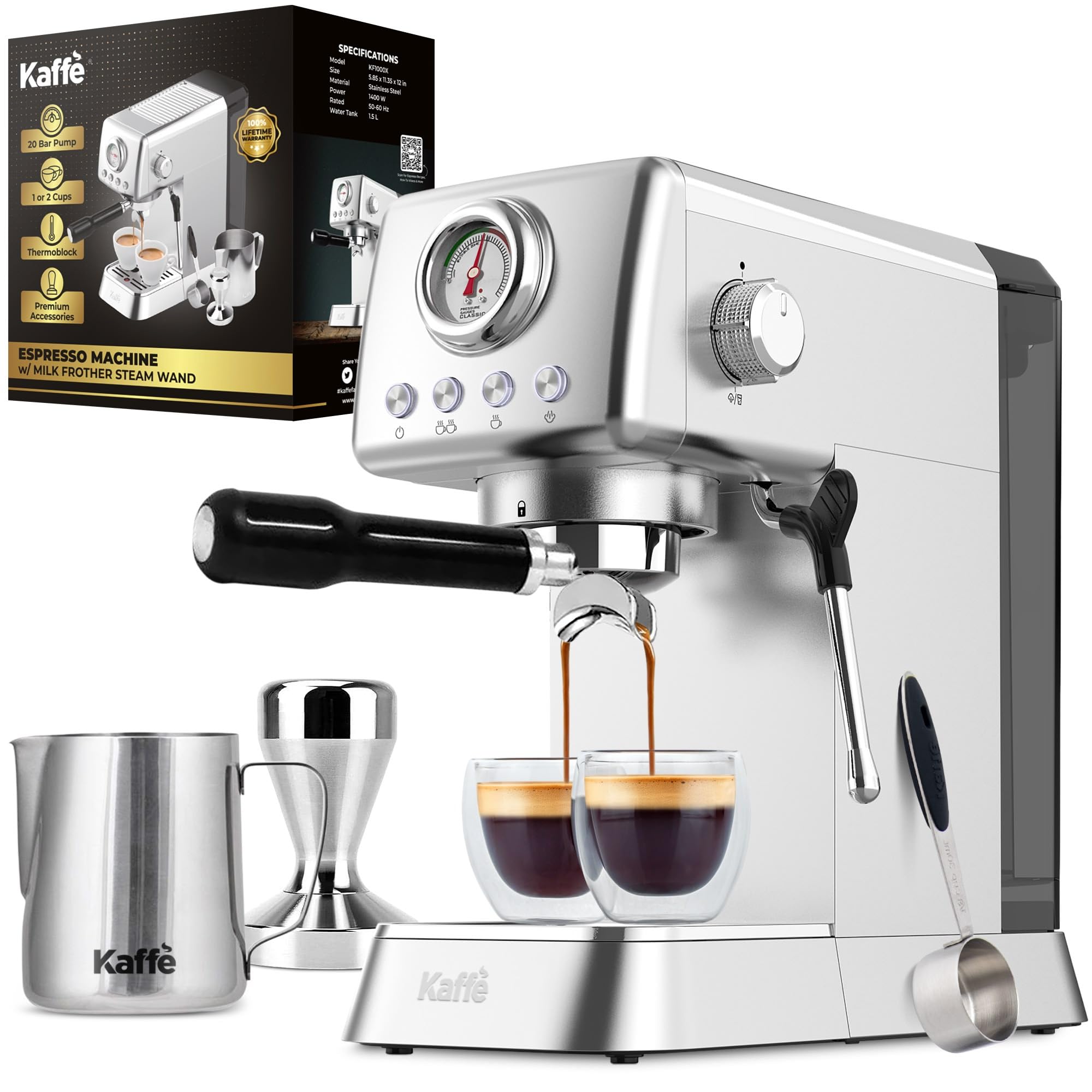 20 Bar Espresso Machine with Milk Frother - Stainless Steel Coffee Maker with Fast Heating Thermo Block & Detachable Water Tank - Perfect for Home Baristas & Coffee Lovers - Ideal for Espresso, Cappuccino & Latte Making